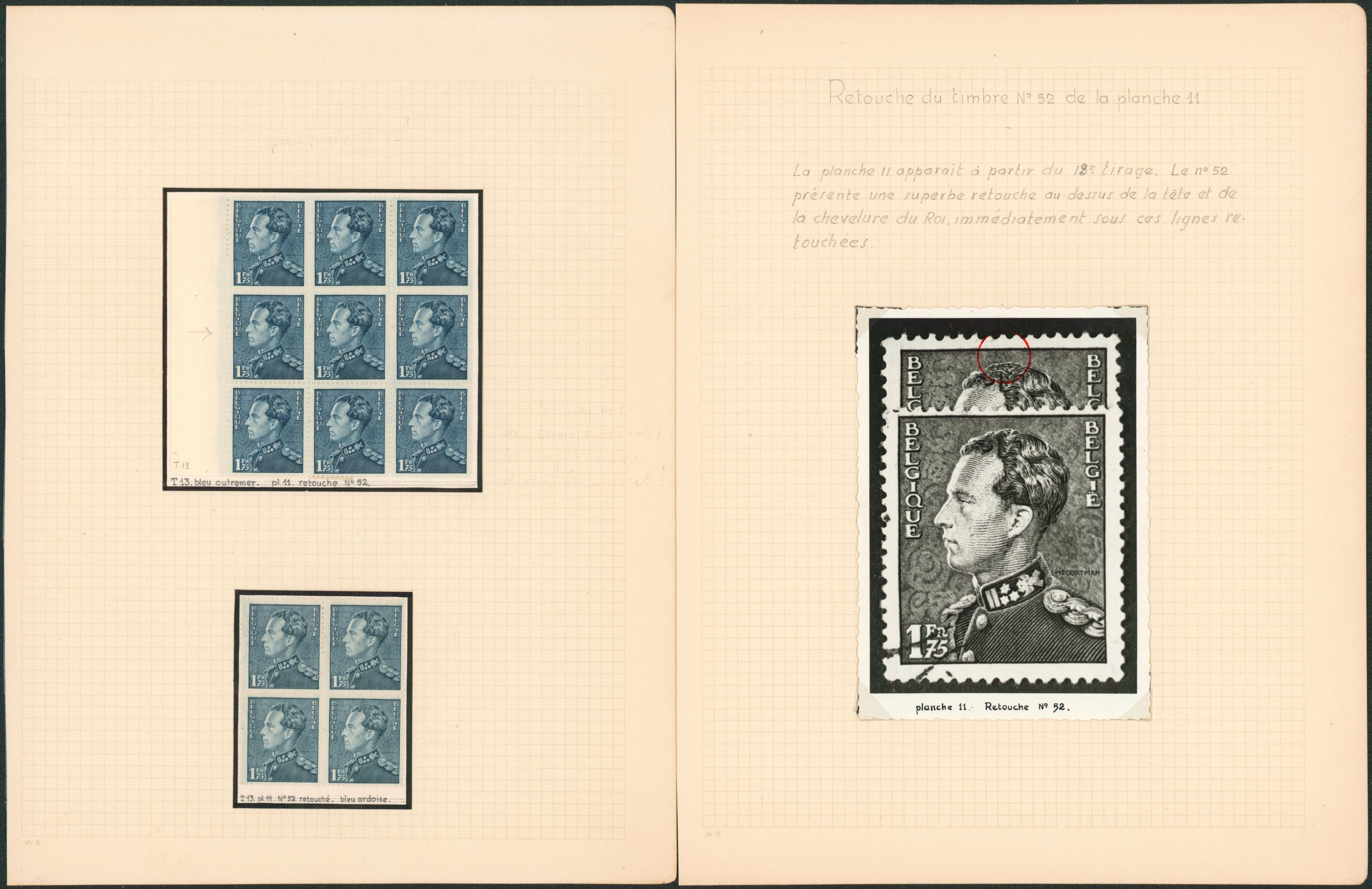 Page de collection (Poortman) - n°430 : retouche du timbre n°52 de la planche 11 + Tirage 13 un bloc de 9 et bloc de 4 (nuances ! )