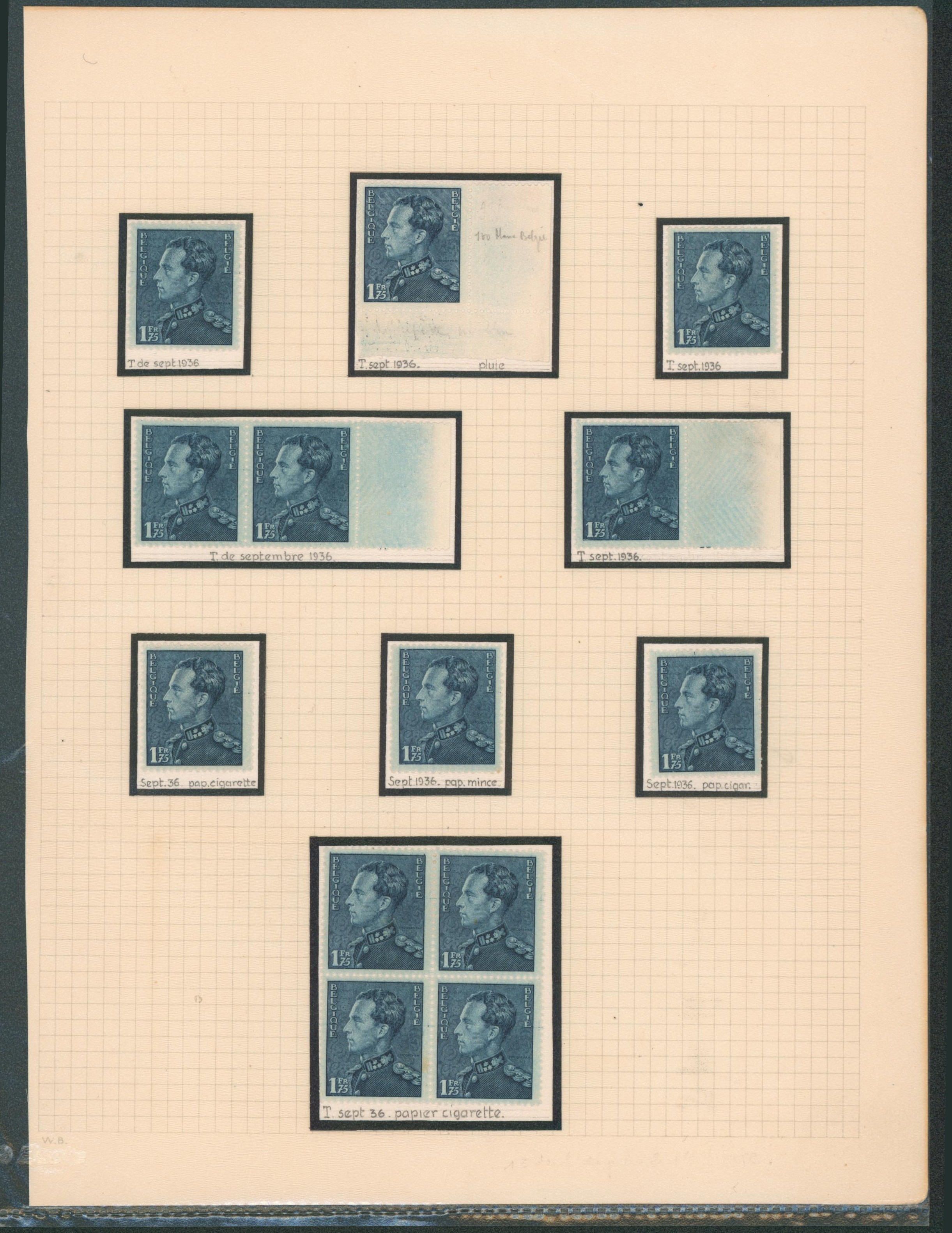 Page de collection (Poortman) - n°430 : tirage de septembre 1936 ! Étude diverses (papiers, papier cigarette).