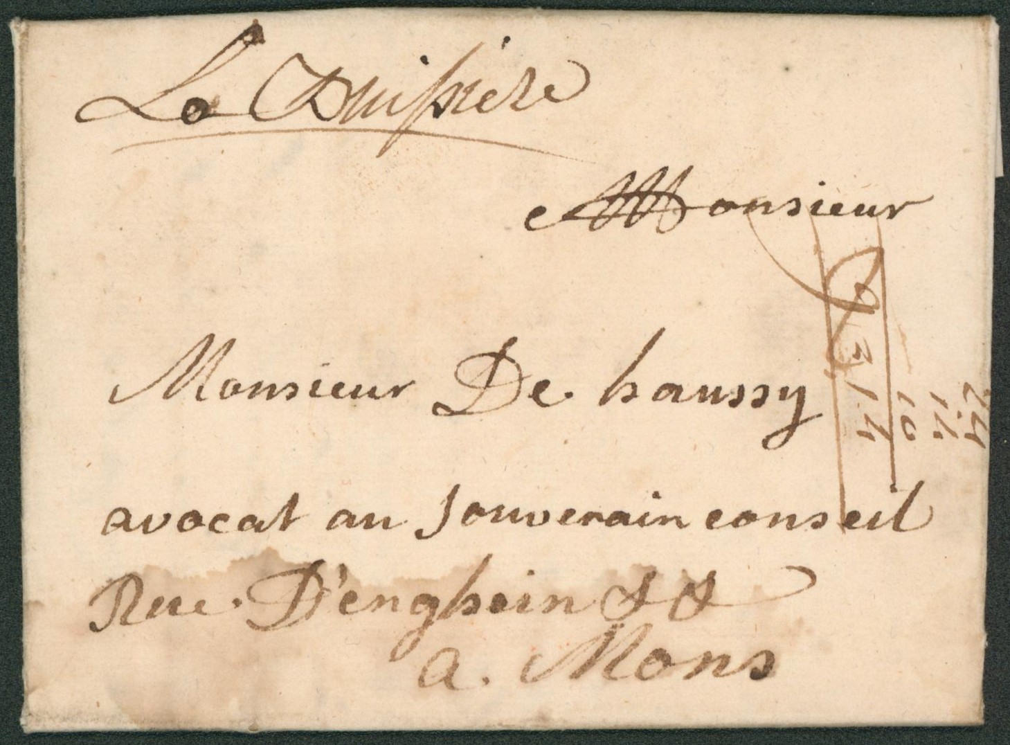 LAC datée de Ragnies (1773) + Manuscrit "La buissière", transporté par porteur > Mons.