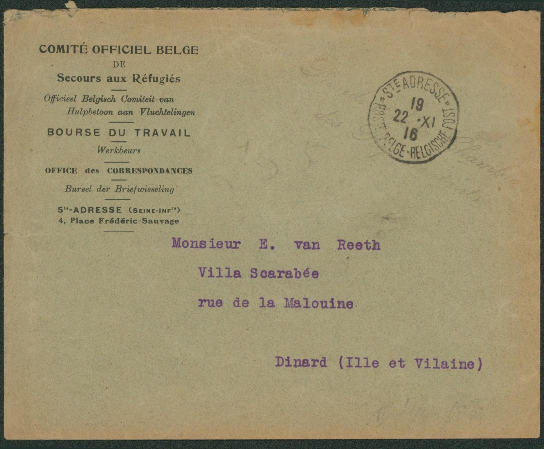 Lettre en franchise "Comitié officiel belge de secours aux réfugiés" + griffe Présidents de la chambre des représentants, expédié de Ste-Adresse > Dinard (France).