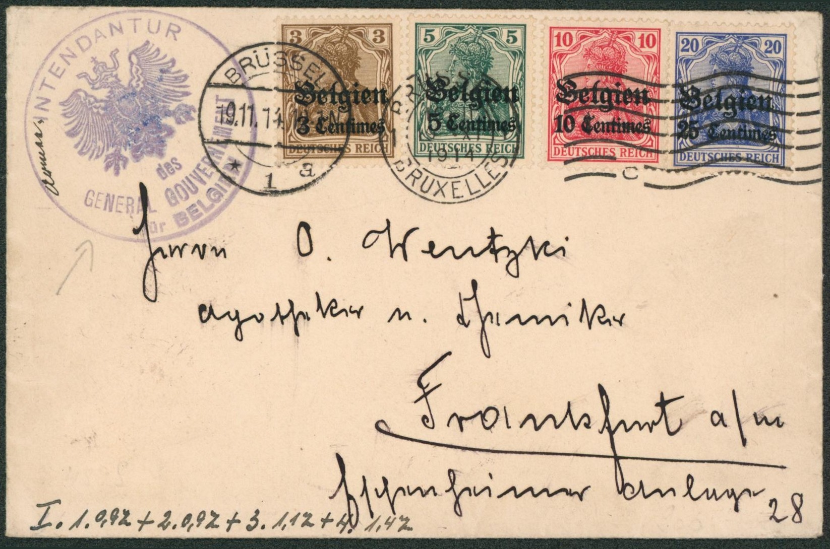 OC1/4 sur lettre obl mécanique "Bruxelles / Brussel" + cachet avec armoiries "Intendantur des general gouvernement für belgien" > Frankfurt (Allemagne).