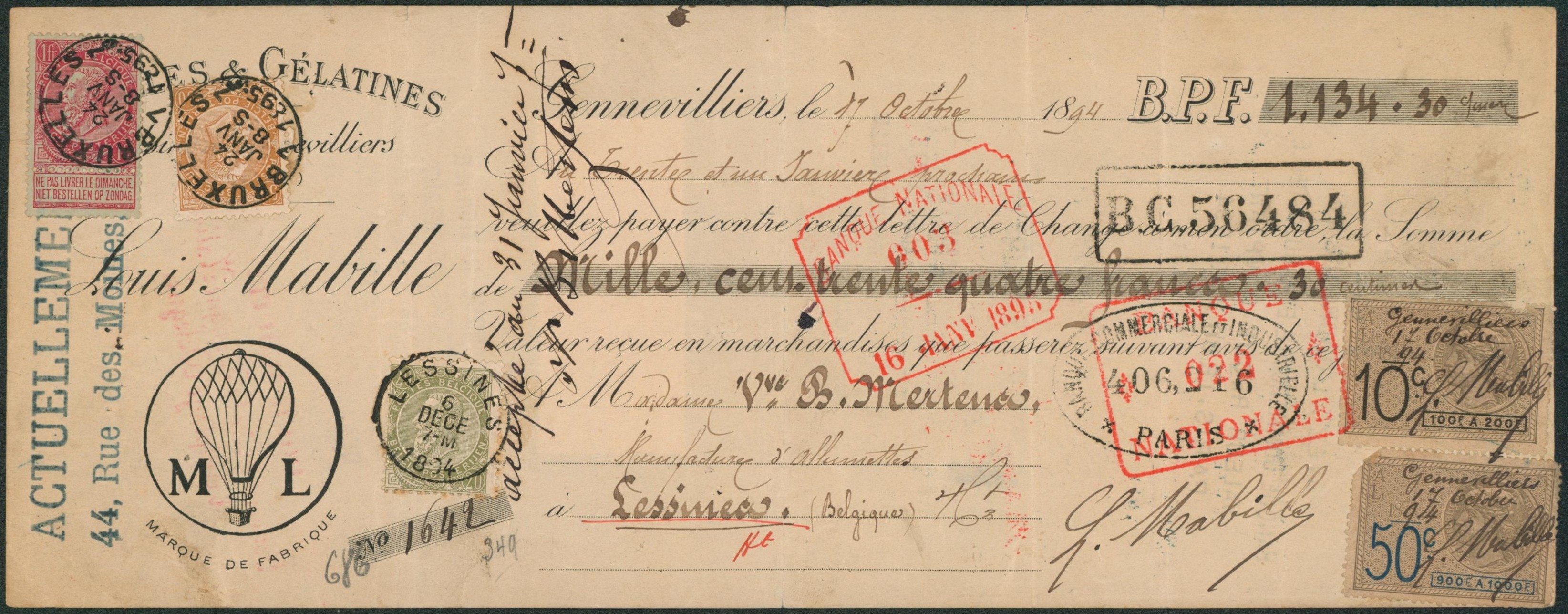 Reçu émis à Gennevilliers (France) de 1134Frs représenté à Lessines par n°59, puis représenté à Bruxelles (24/01/95 !) par n°62 et 64.