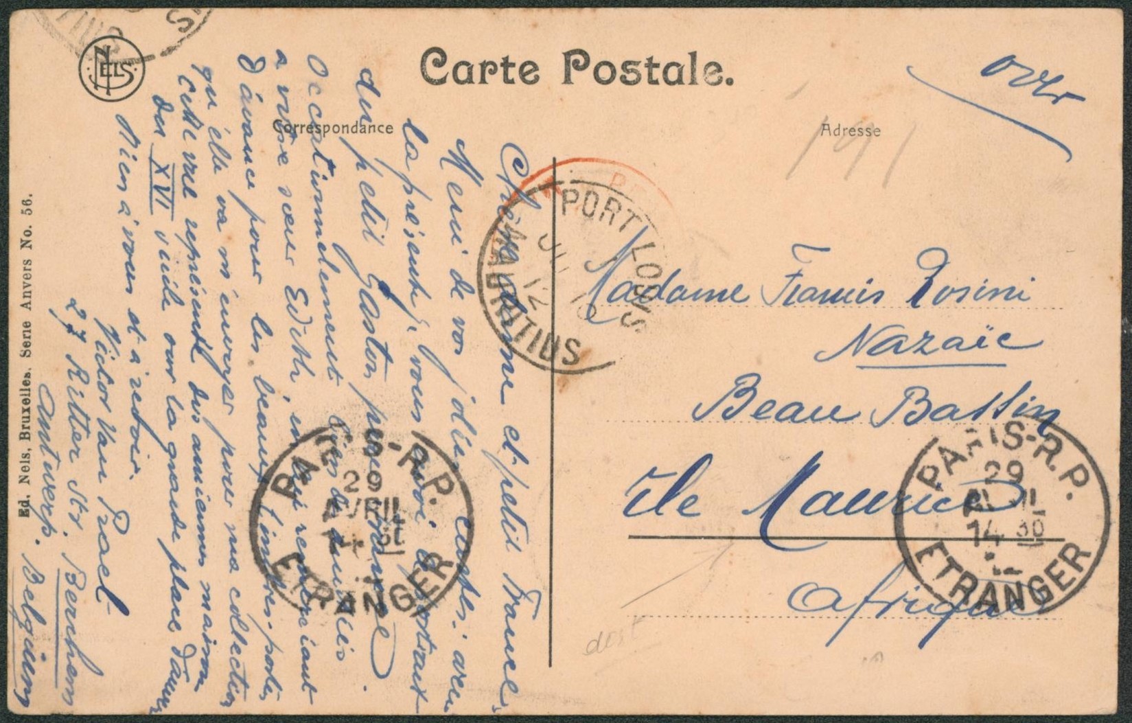 Pellens - n°111 sur CP expédié de Anvers / Antwerpen > Ile maurice (Afrique) via Paris. Çad cachet d'arrivée ! Destination.