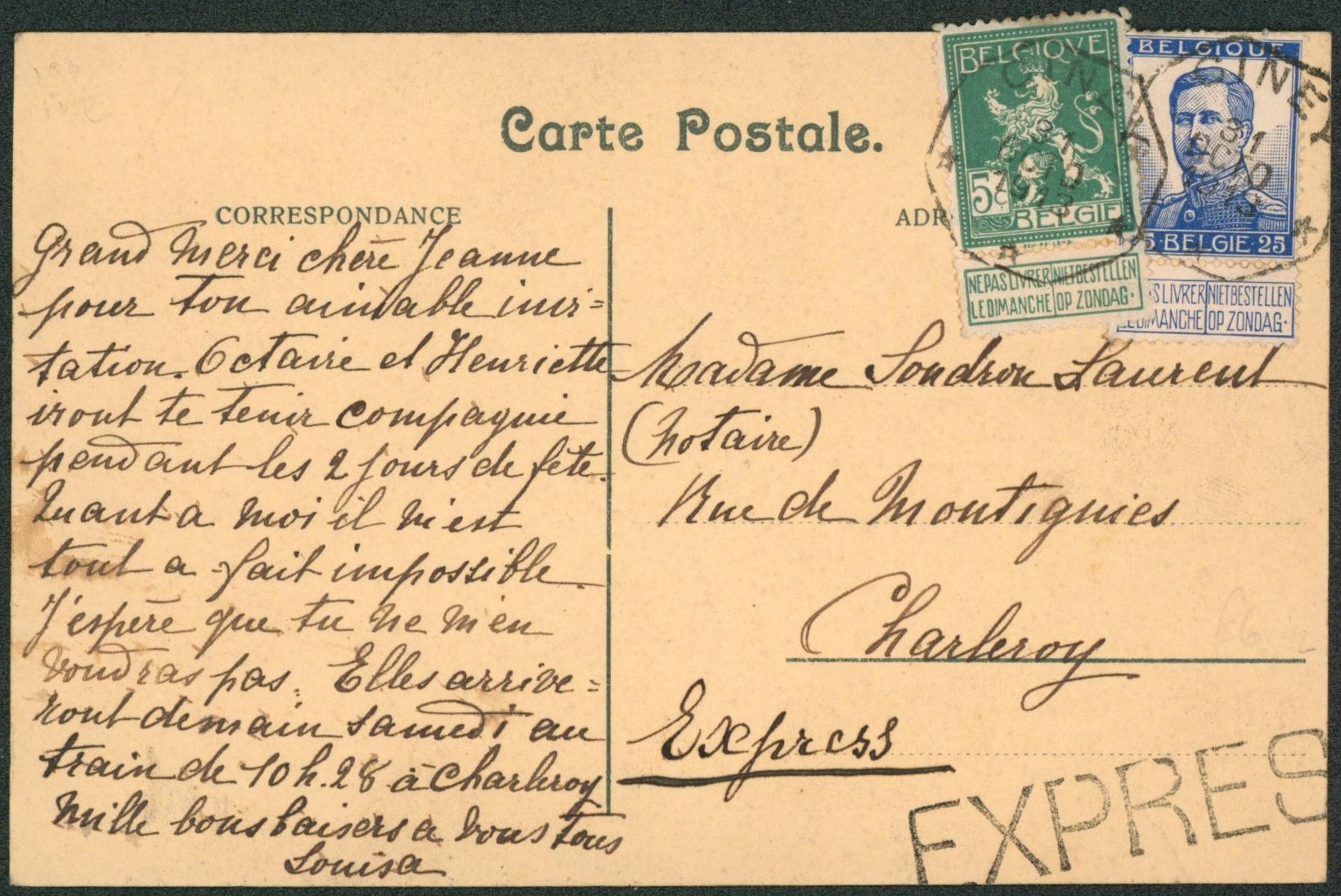 Pellens - n°110 et 125 sur CP vue en expres obl télégraphique "Ciney" > Charleroi. TB