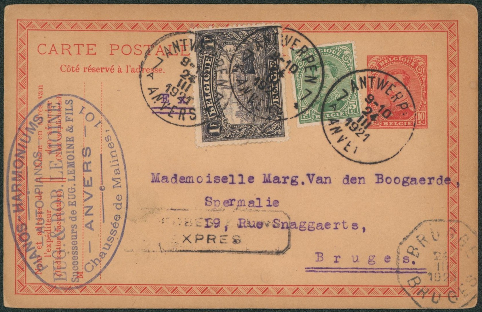 EP au type 10ctm rouge Albert I + n°137 et 145 en expres de Anvers / Antwerpen (1921) + cachet privé (pianos, musique) > Bruges, Brugge.