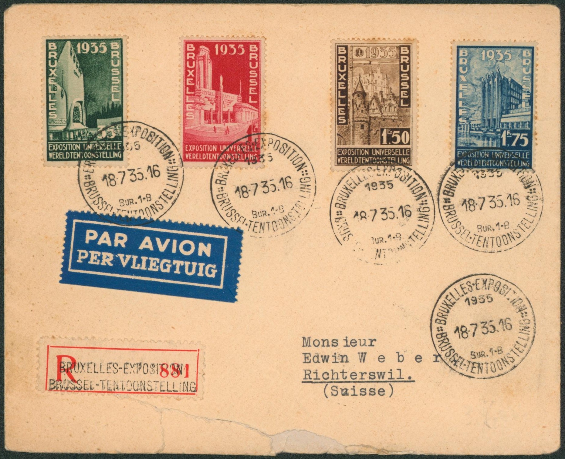 n°386/89 sur lettre en recommandé par avion + obl spéciale "Bruxelles-Exposition 1935" > Richterswil (Suisse).