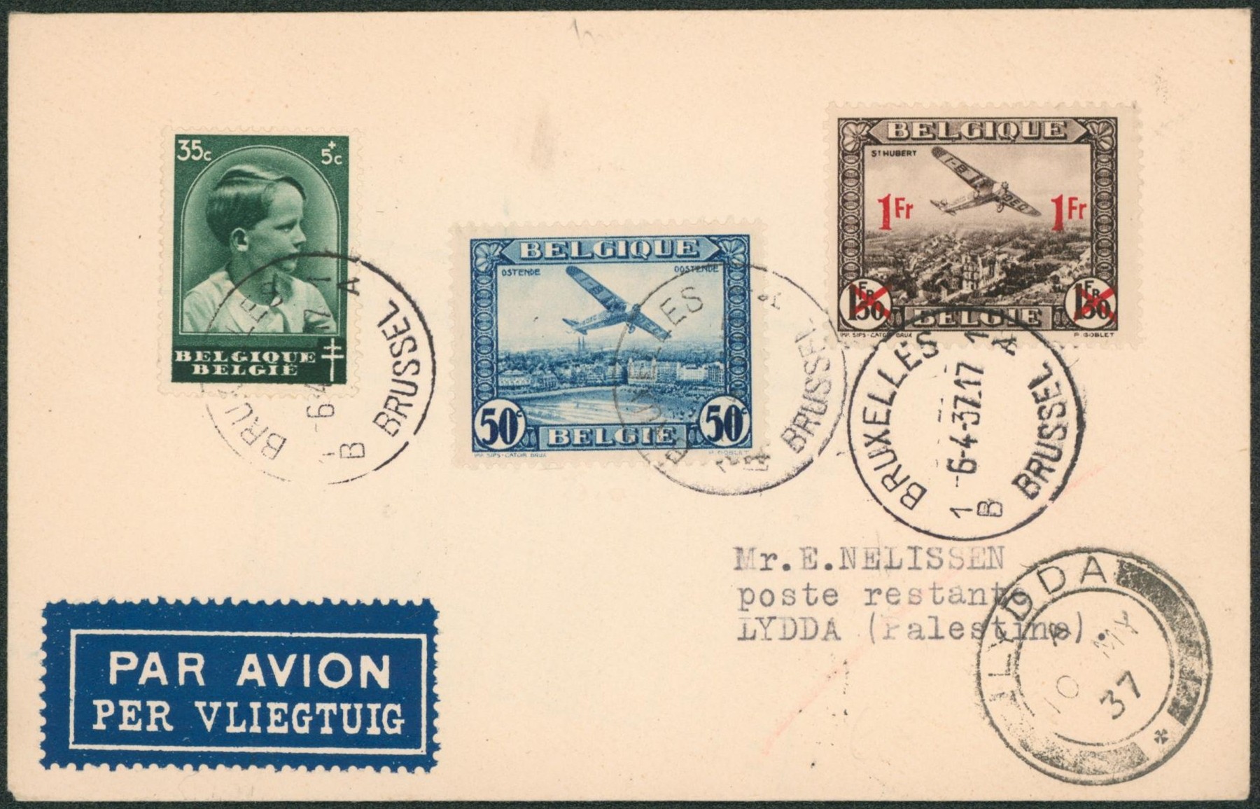 Affranch. Mixte sur lettre par avion de Bruxelles (1937) > Lydda (Palestine).