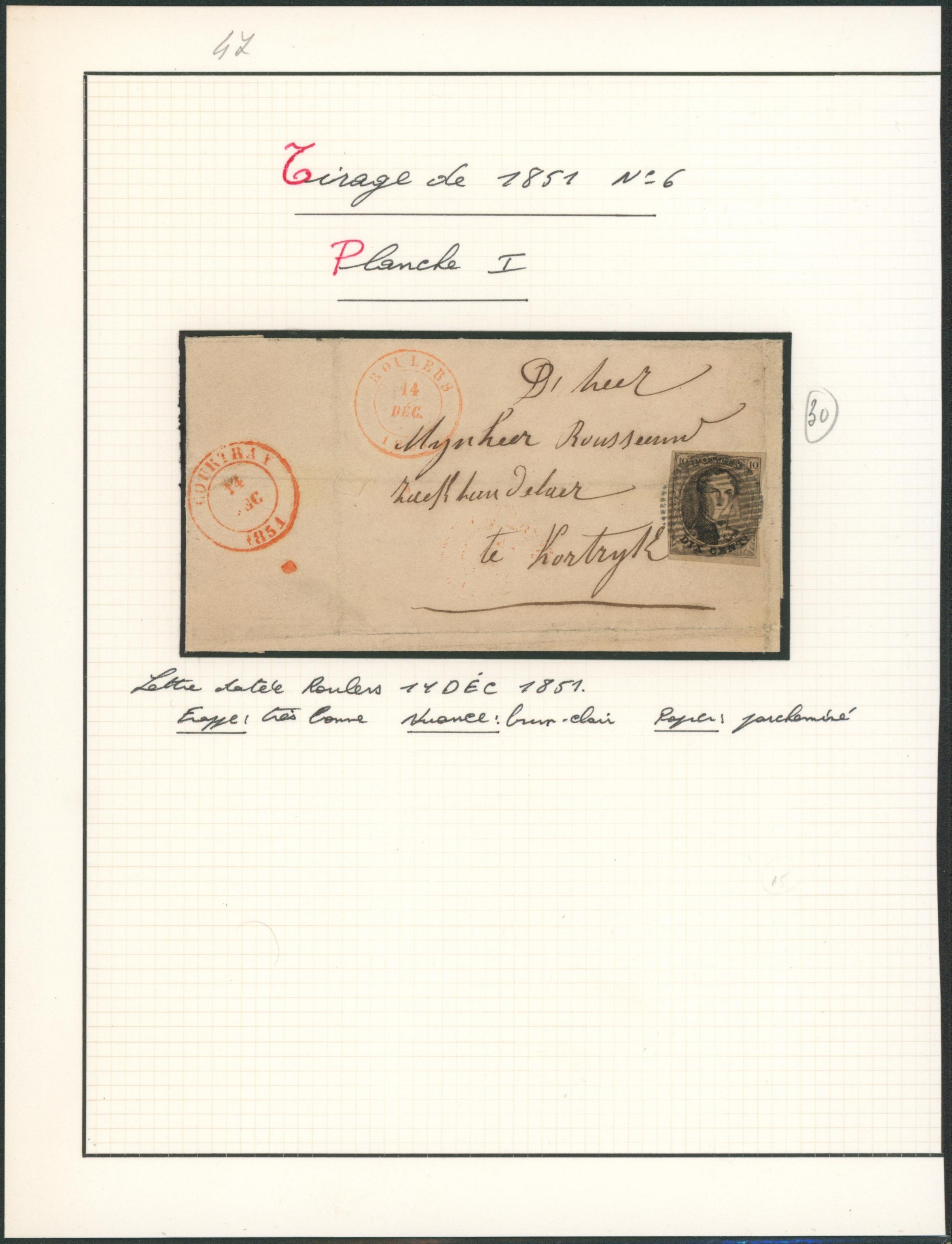 Page de collection - n°6 (planche I) sur lettre expédié de Roulers > Kortrijk