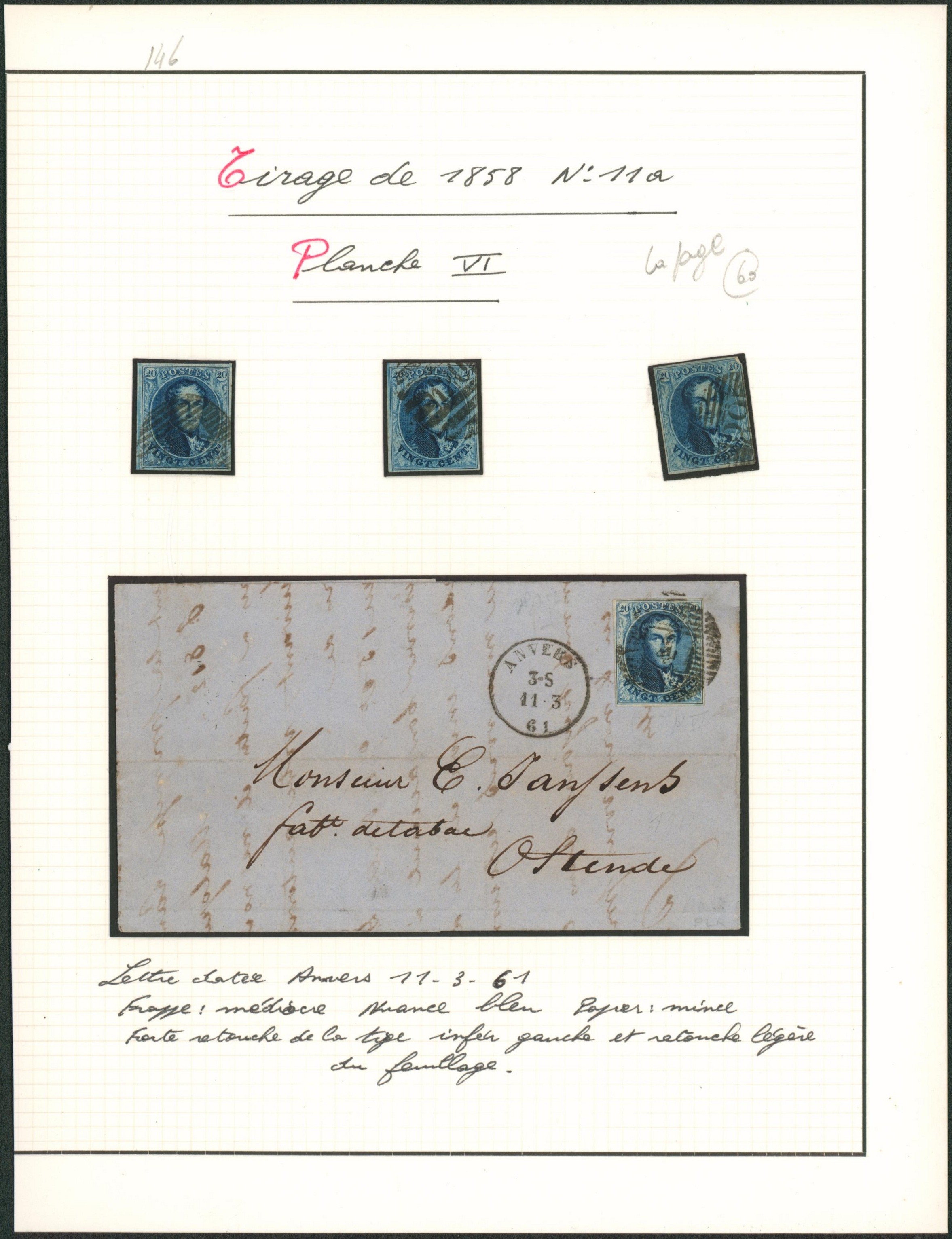 Page de collection - n°11A (Planche IV) ensemble de 3 exemplaires margés + une lettre de Anvers > Ostende.