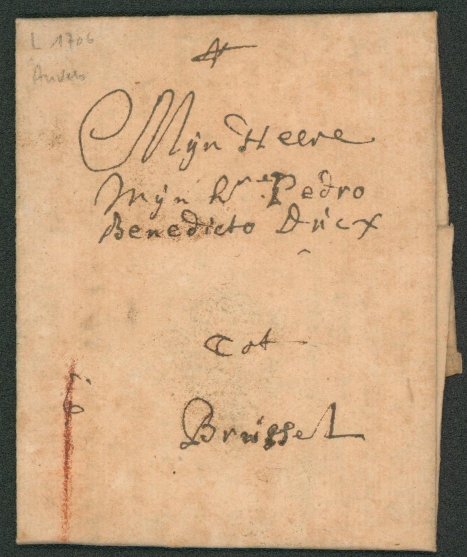 LAC datée de Antwerpen (1706) port à la craie rouge I (Patars) > Brussel, Père Bénédicte Dux