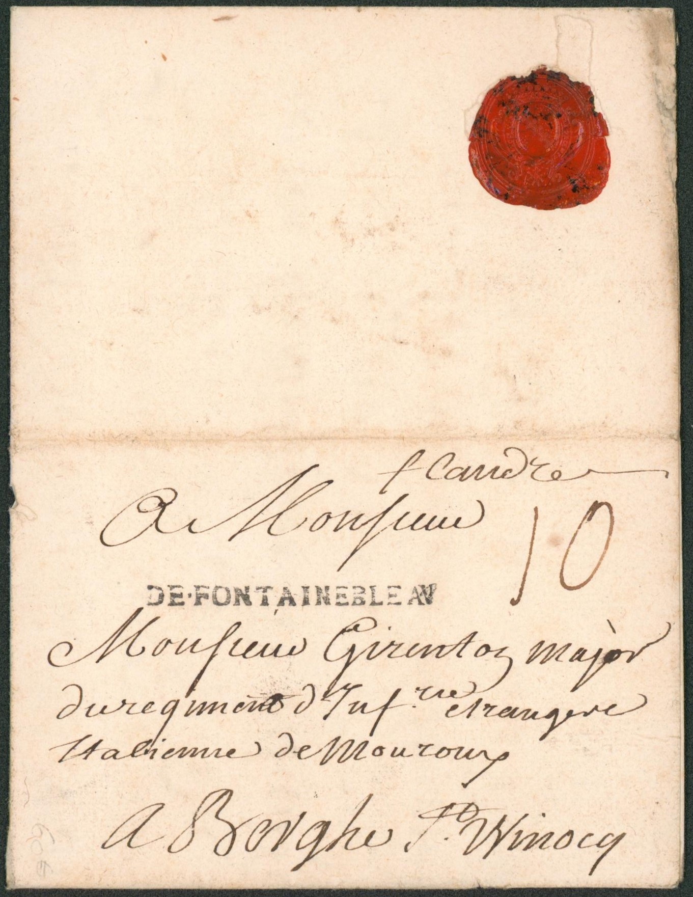 France - LAC datée de Fontainebleau çàd obl linéaire DEFONTAINEBLEAU, indication du port "10" + note manuscrite coin supérieur droit (Franco) > Berghe