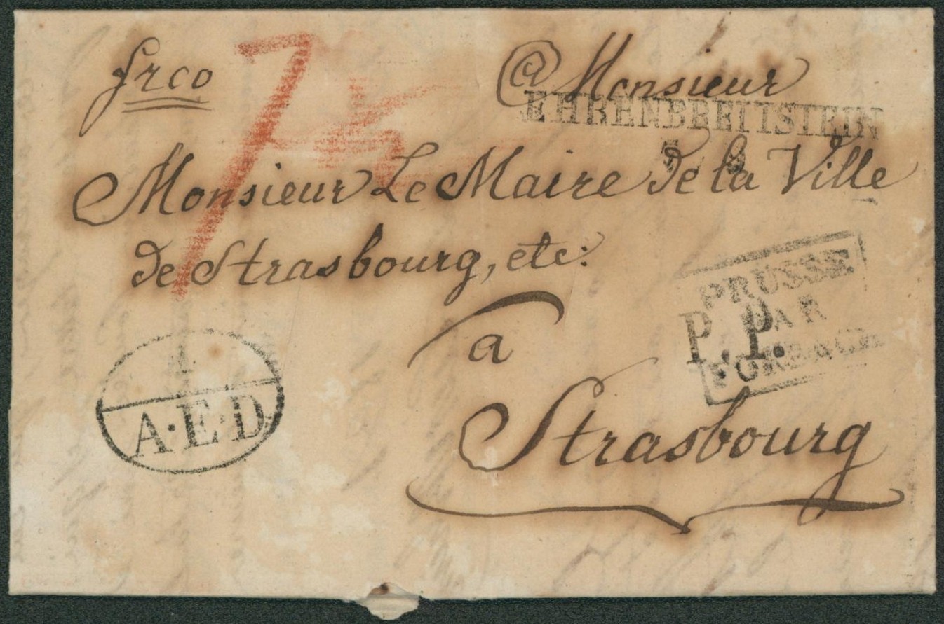 LAC datée de Ehrenbreitstein (Coblence, 1831) obl linéaire EHRENBREISTEIN, annotation frco (franco), passage "Prusse par Forbach" et oval "A.E.D." > Strasbourg