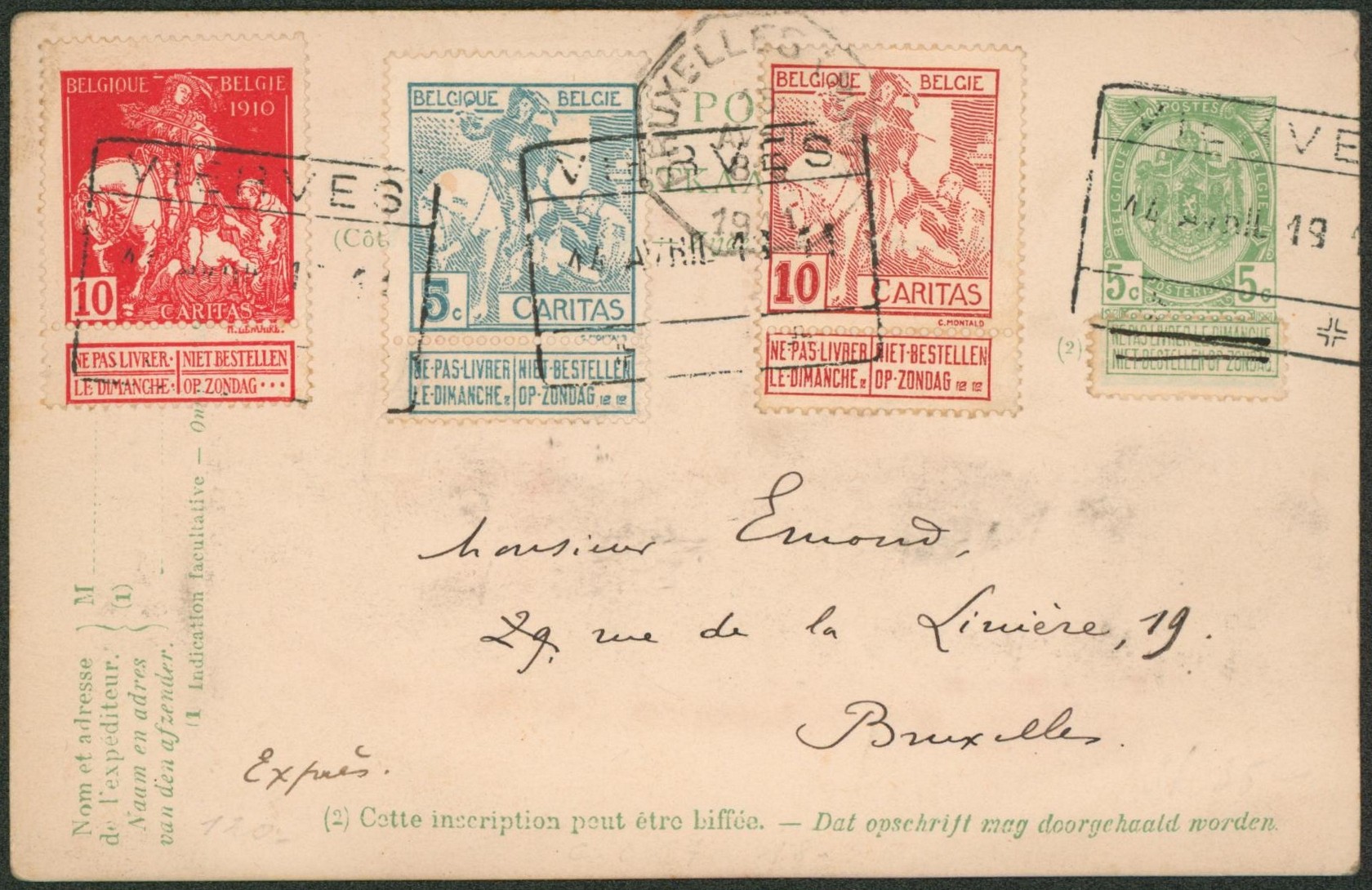 EP au type carte paquebot 5ctm vert (Prince Albert) en expres obl chemin de fer VIERVES + n°86, 87 et 91 > Bruxelles