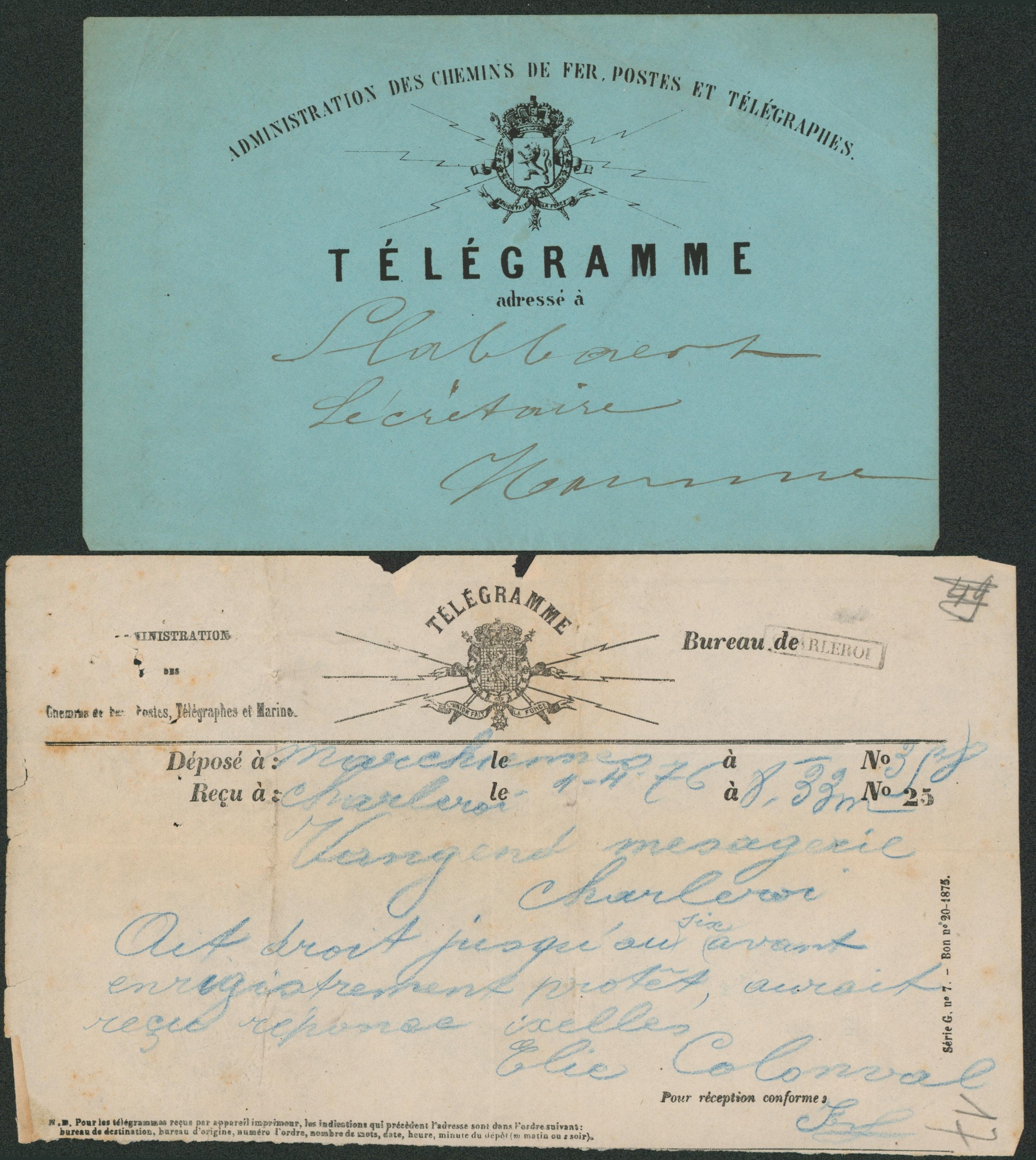 Enveloppe TELEGRAMME + contenu çàd Télégramme (sérié G n°7) déposé à Marchiennes > Charleroi + griffe encadrée CHARLEROI