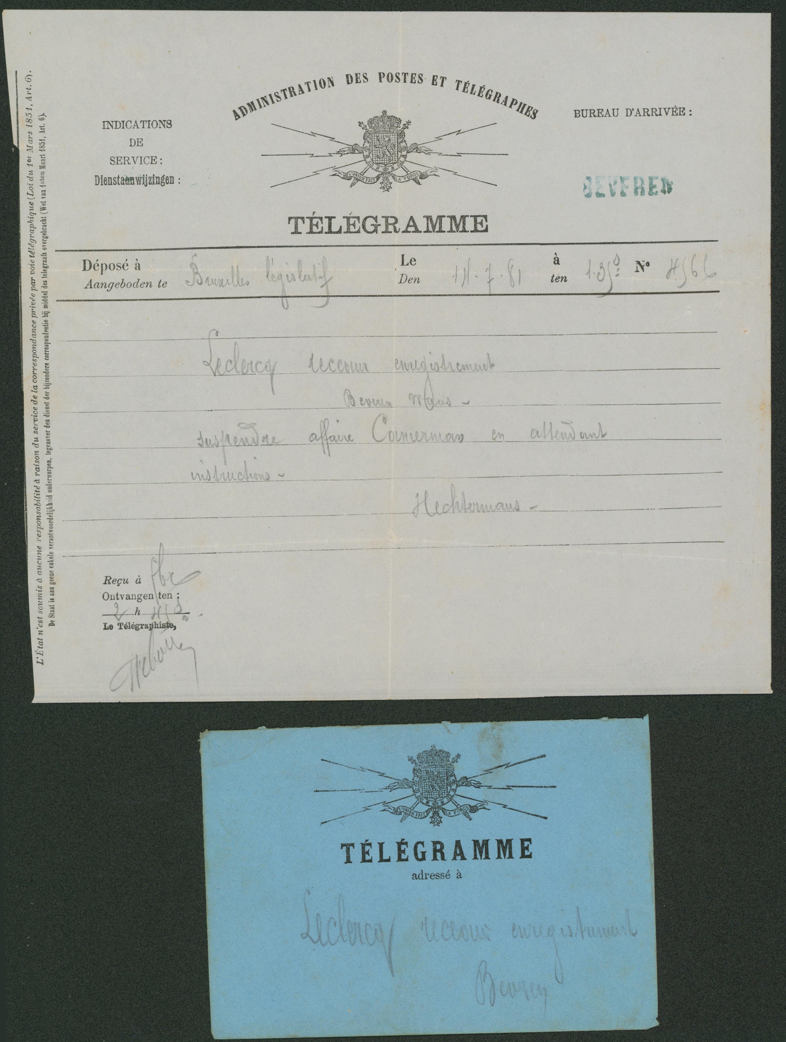 Enveloppe TELEGRAMME + contenu çàd Télégramme (Loi du 1er mars 1851) déposé à Bruxelles législatif > Beveren çàd griffe linéaire bleue.