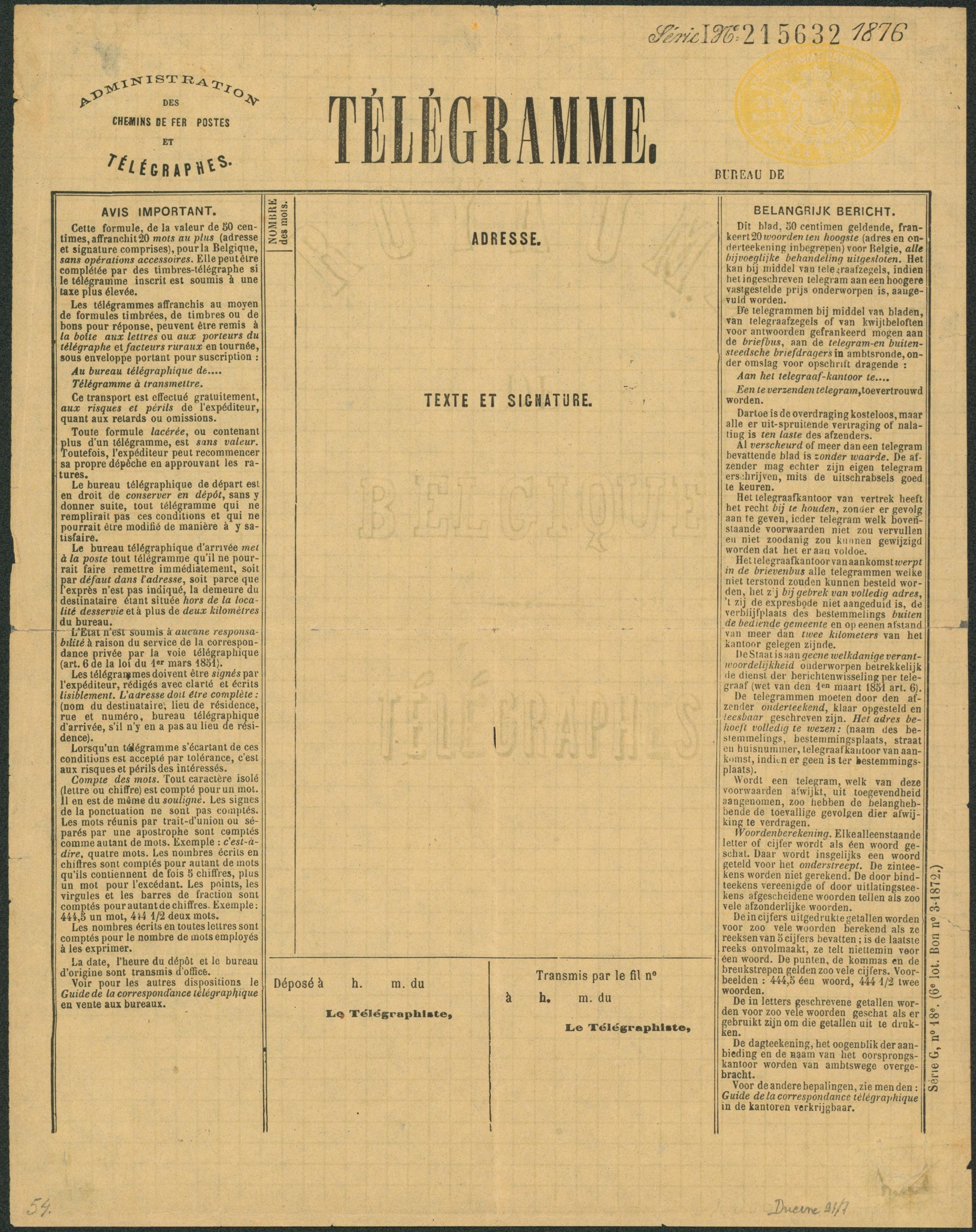Télégramme, administration des chemins de fer, postes et télégraphes (Série G, n°18 6e lot) Neuf + filigranne, cachet à sec 20 mots 50 cents, inscription marginale. TB état