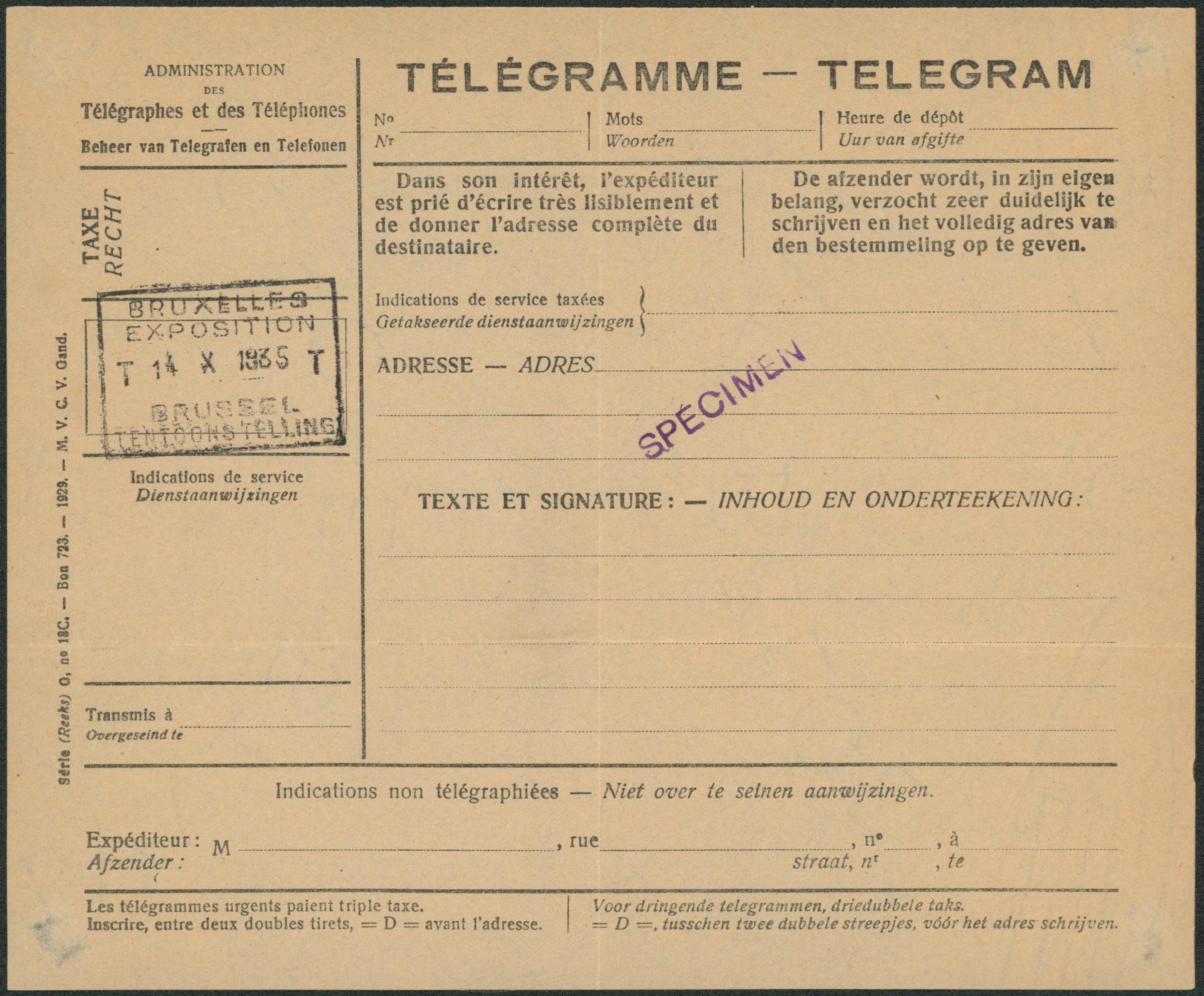 Télégramme / Telegram (Série G n°18C) + cachet Bruxelles exposition (1935) et griffe SPECIMEN. TB