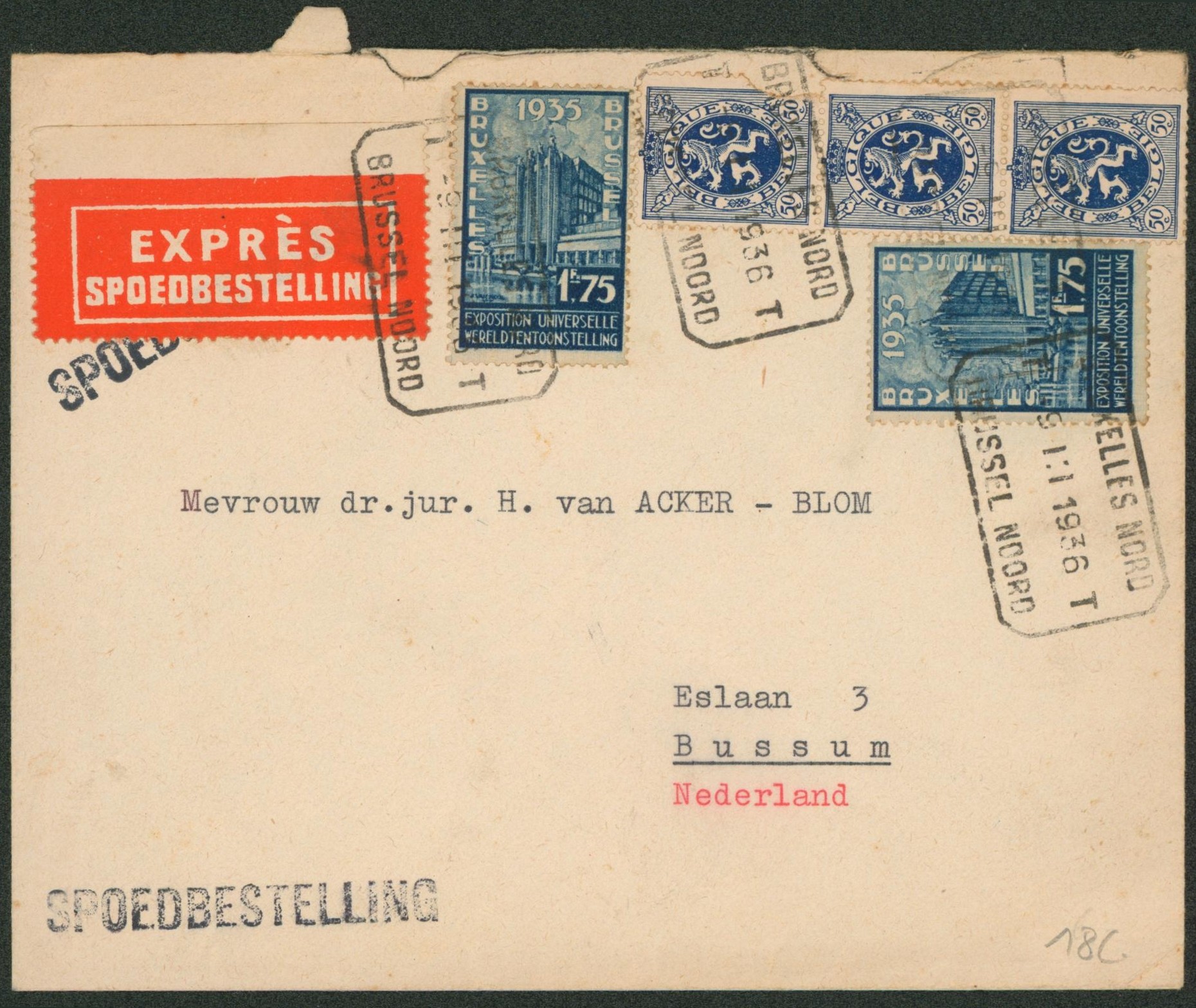 n°285 x3 et 389 x2 sur lettre en expres obl télégraphe-téléphone "Bruxelles Nord" > Bussum (Nederland)