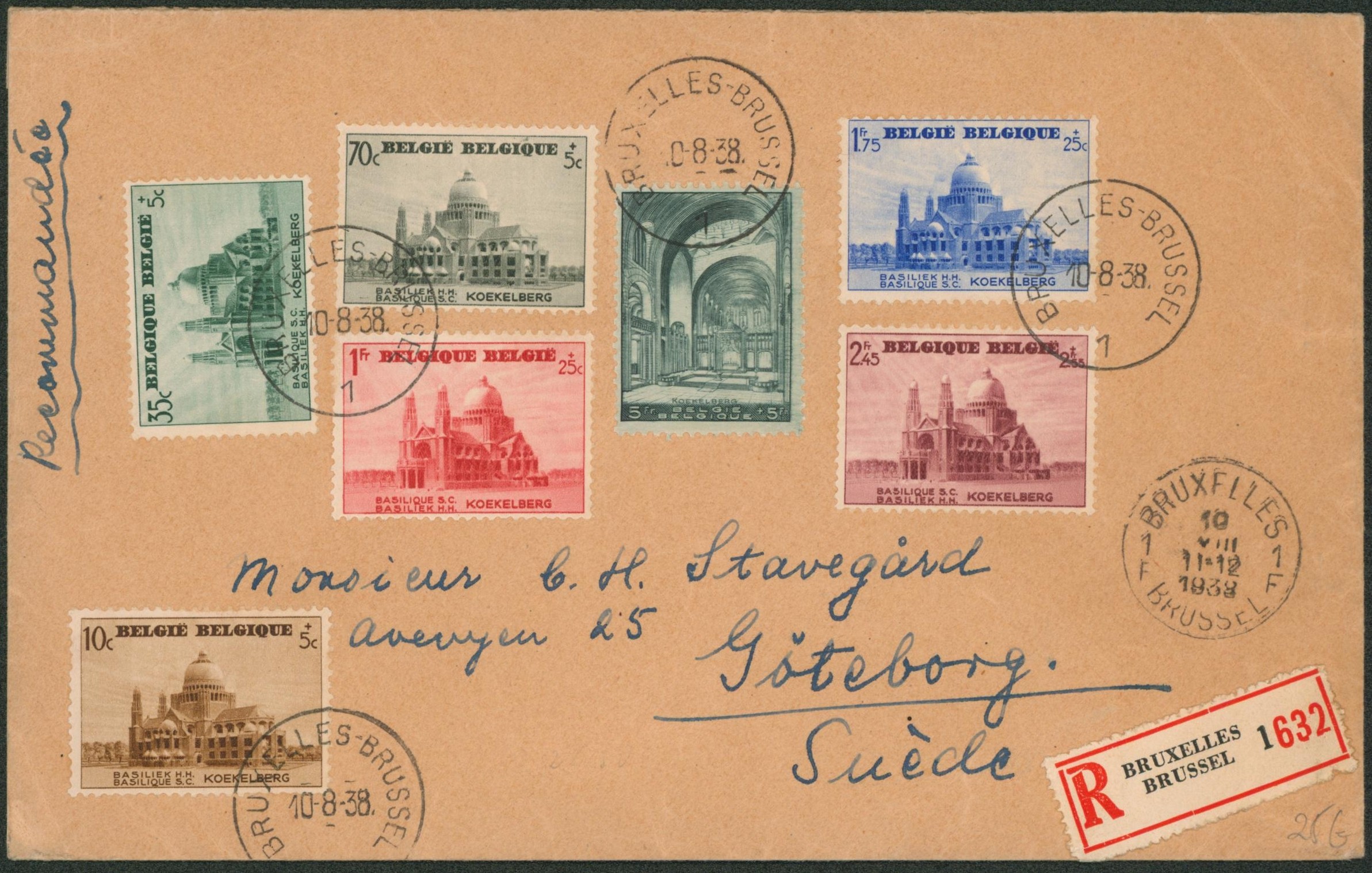Koekleberg - série complète sur lettre en recommandé de Bruxelles (1938) > Göteborg (Suède)