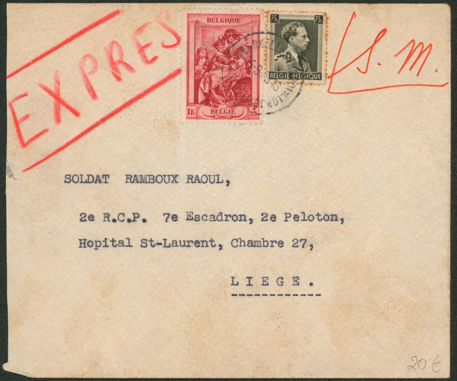 Affranch. Mixte sur lettre expres / S.M. (à la craie) de Bruxelles > Liège, hopital St-Laurent (Soldat).