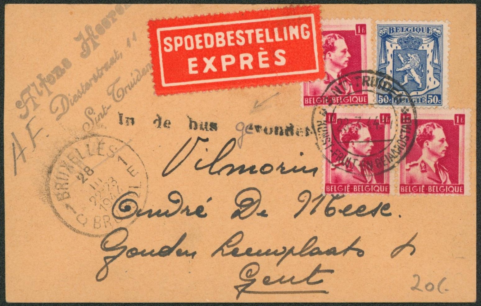 Affranch. Mixte sur petite carte manuscrite en expres + griffe "in de bus gevonden" (trouvé à la boite) de Sint-truiden > Gent