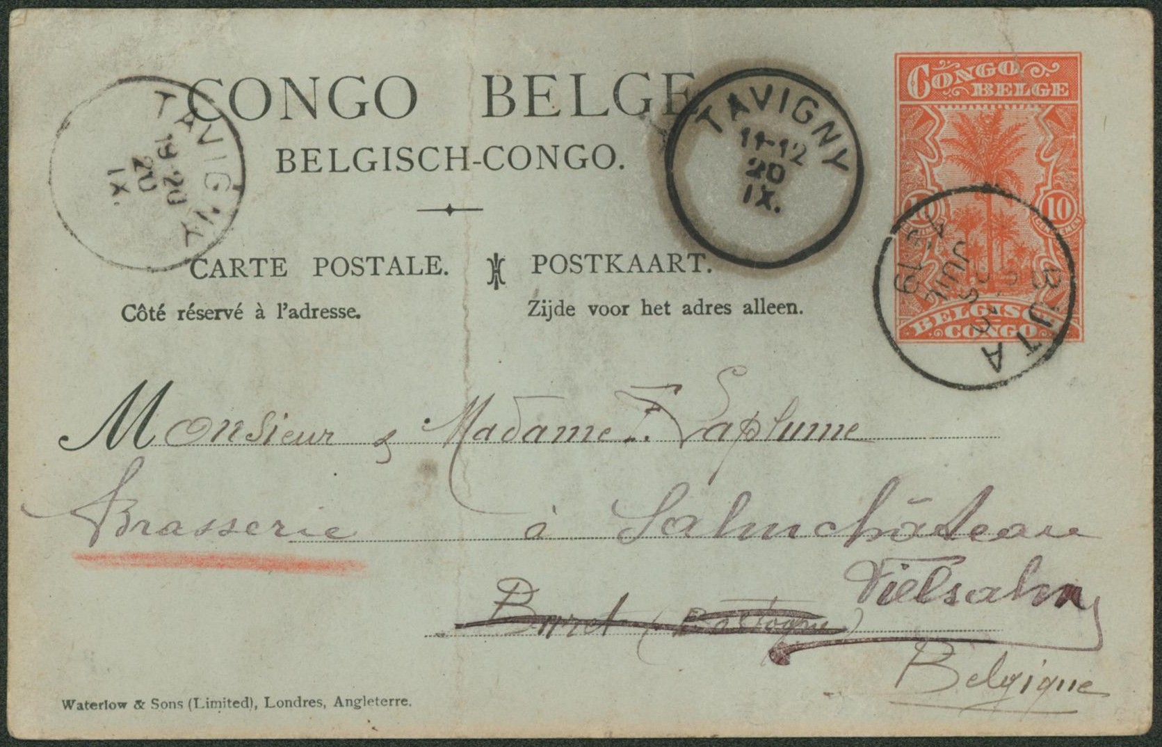 Congo Belge - EP au type n°45 15c rouge-brique expédié de Buta > Mr. Laplume brasserie à Salmchateau, passage par tavigny car erreur dans l'adresse au départ. Pli