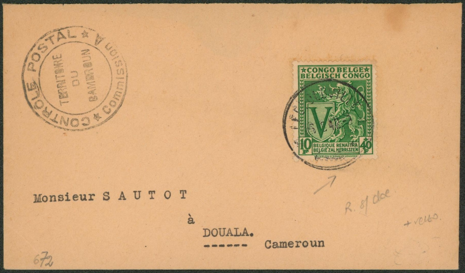 Congo Belge - n°268 sur lettre "contrôle postale / Territoire du cameroun" expédié de Léopoldville > Douala (Camaroun)