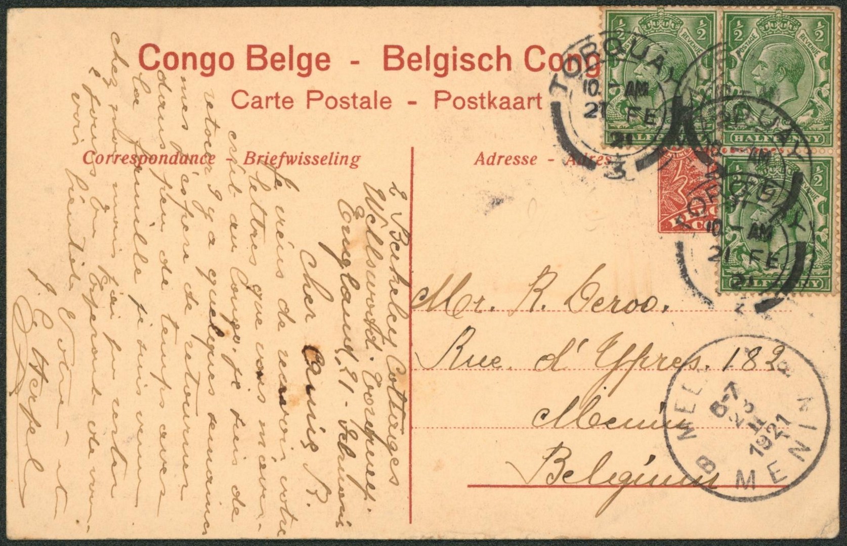 Congo Belge - EP au type 10C rouge Palmier (vue) réutilisé en angleterre çàd affranch. à 1P5 de Torquay (1921) > Menin