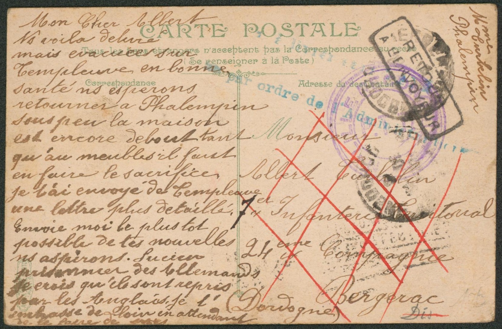 CP non datée expédié de Lille ? > 7e infanterie territoriale, 24e compagnie (Bergerac, France), retour à l'envoyeur par ordre de l'administration