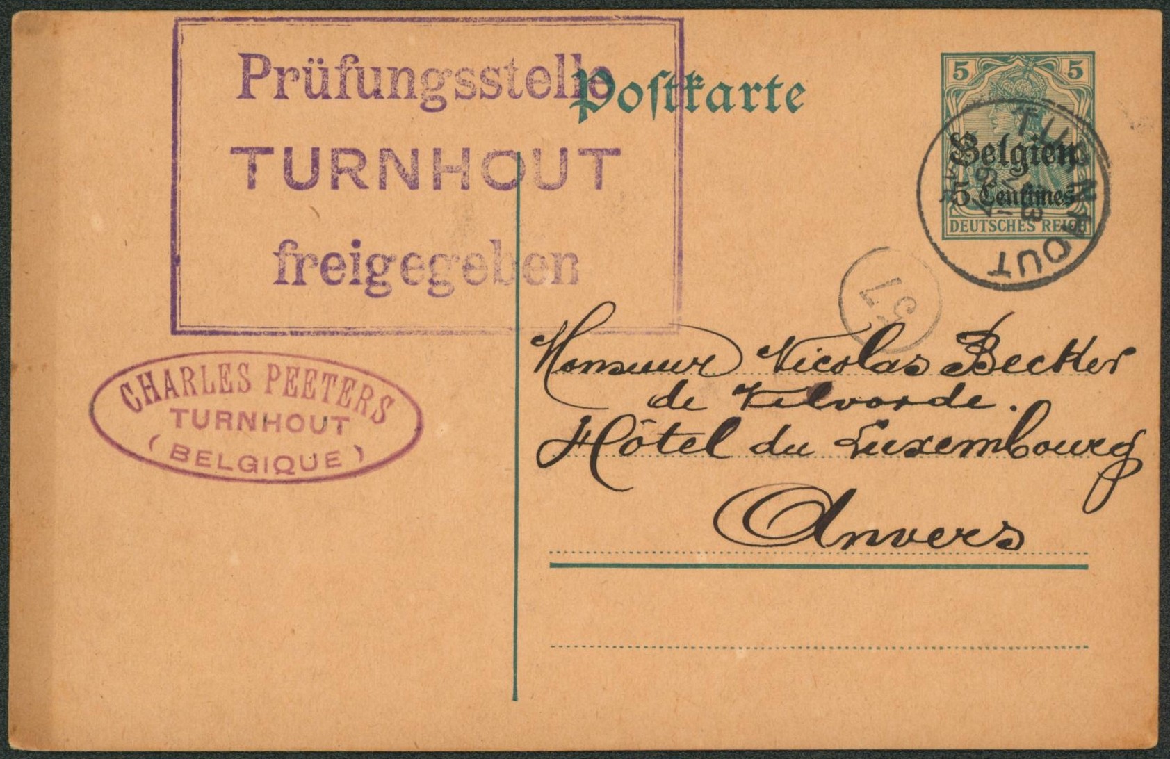 EP au type 5ctm vert obl simple cercle "Turnhout" + grande censure encadrée > Anvers.
