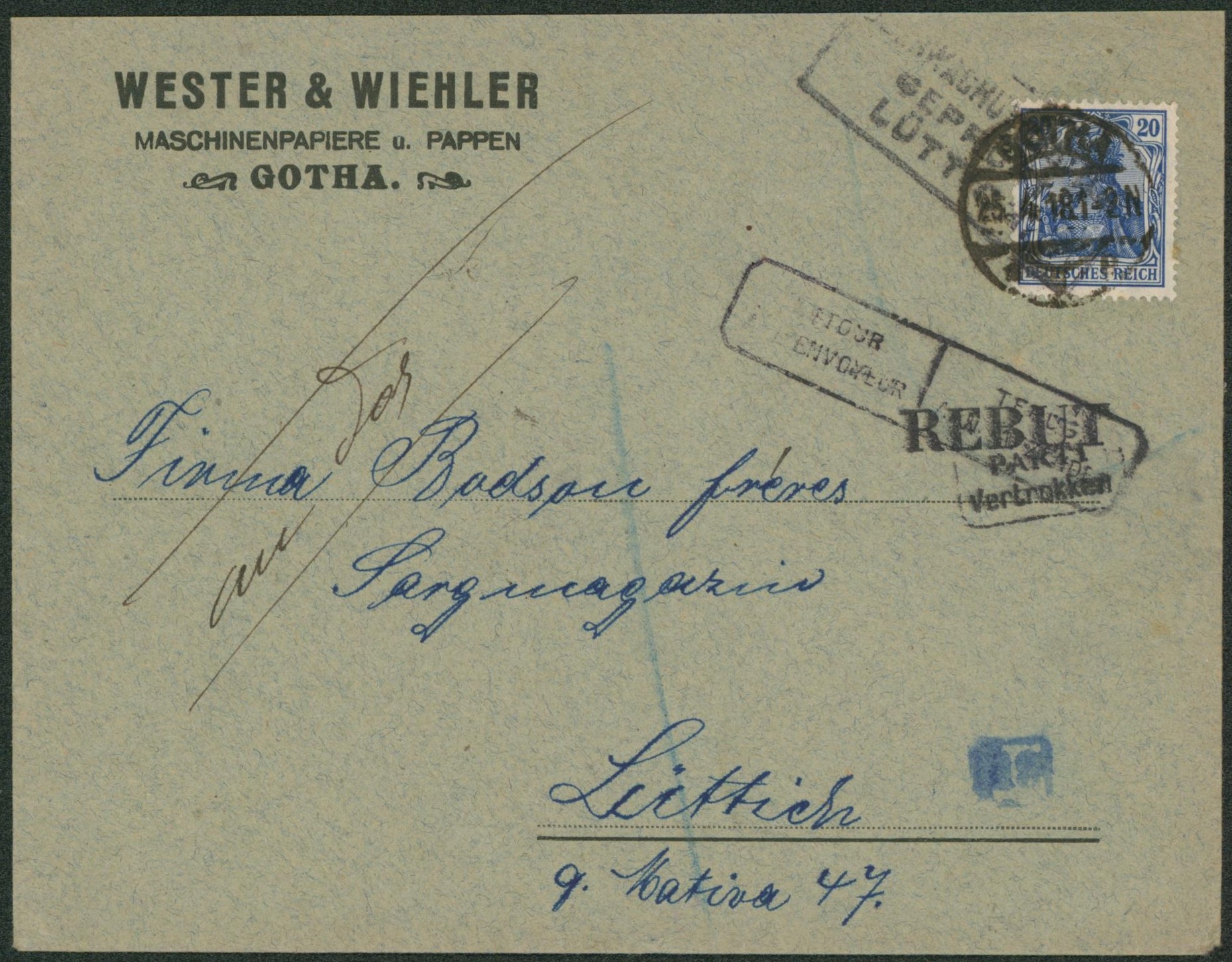 Allemagne - Yv n°85 sur lettre à en-tête obl à pont Gotha > Luttich, REBUT, retour à l'envoyeur.