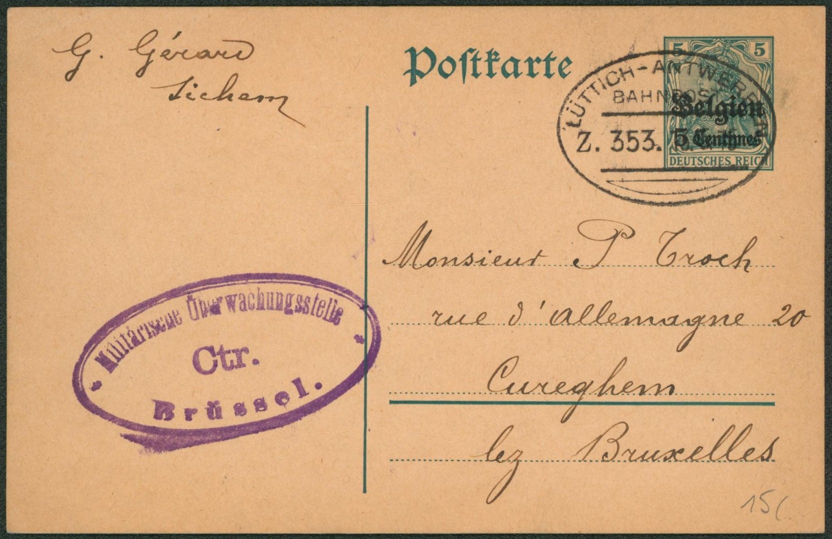 Occupation - EP au type 5ctm vert (daté de Sichem) + cachet ambulant Bahnpost "Luttich-Antwerpen" > Cureghem