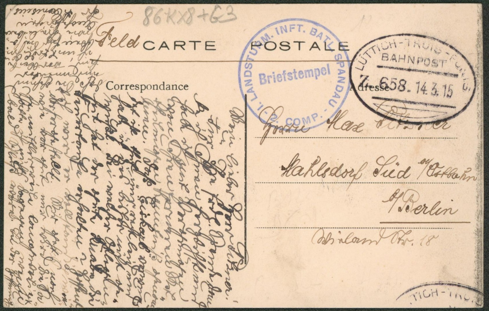 CP en feldpost + cachet ambulant bahnpost "Luttich - trois-ponts" + briefstempel > Berlin