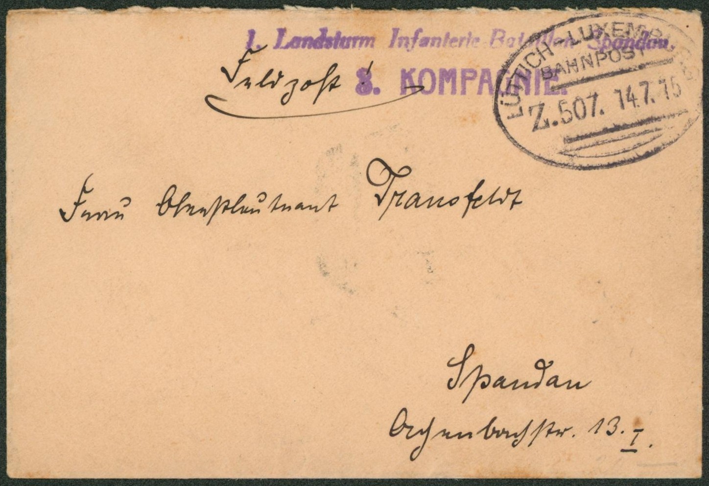 Lettre en feldpost + griffe de compagnie et cachet ambulant bahnpost "Luttich-Luxembourg" > Spandau (Allemagne)