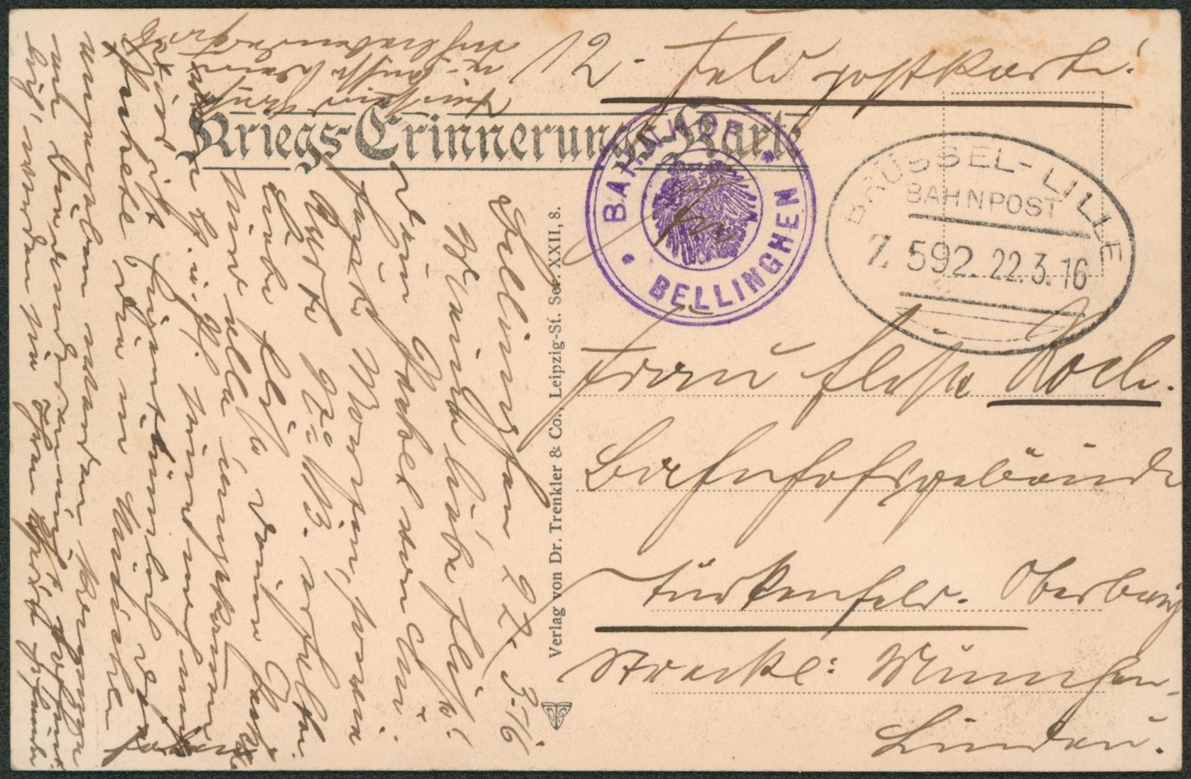 CP en feldpost + cachet ambulant bahnpost "Brussel-Lille" et cachet avec armoirie "Bahnhof / Bellinghen" > Allemagne. TB