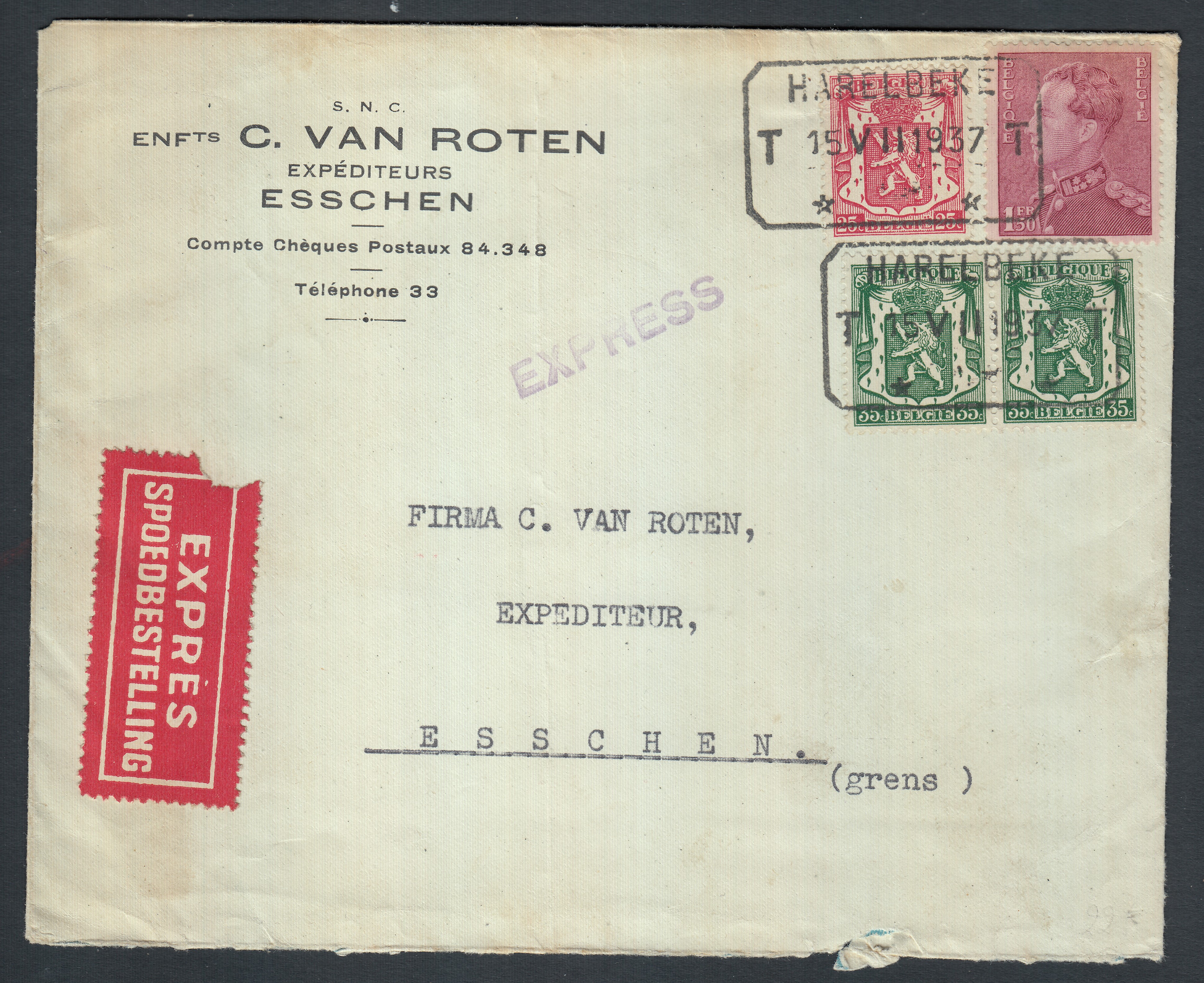 423 +425 en paire +429 sur lettre en exprès d'Harelbeek le 15.VII.1937 ( Cachet rectangulaire des C.F.) vers Esschen. Càd au verso.