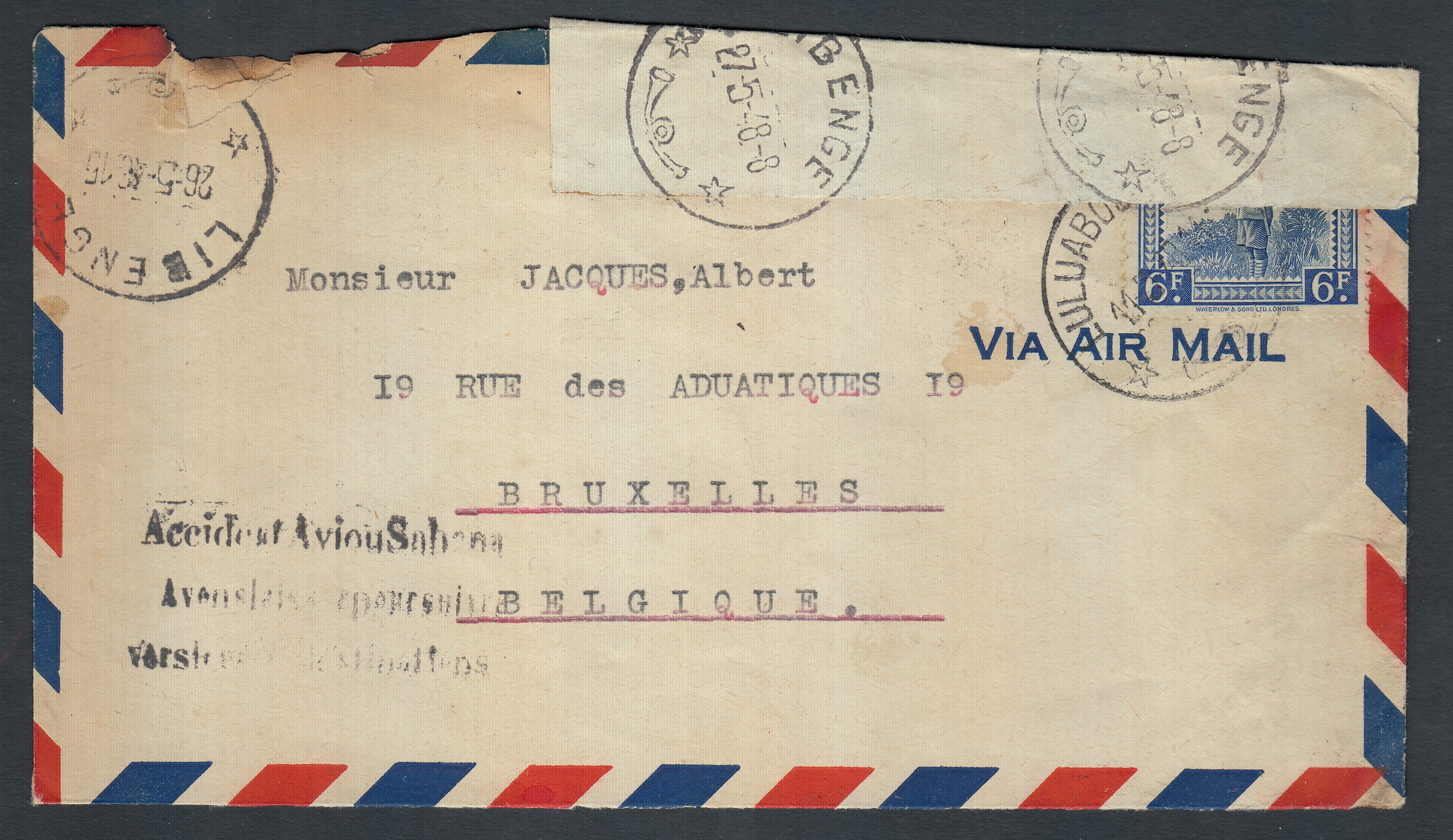 244 sur lettre par avion de Luluabourg le 26.5.1948 vers BXL. Griffe « Accident d'avion Sabena /.... » au recto. Etq.de réparation à Libenge le 27.5.1948.