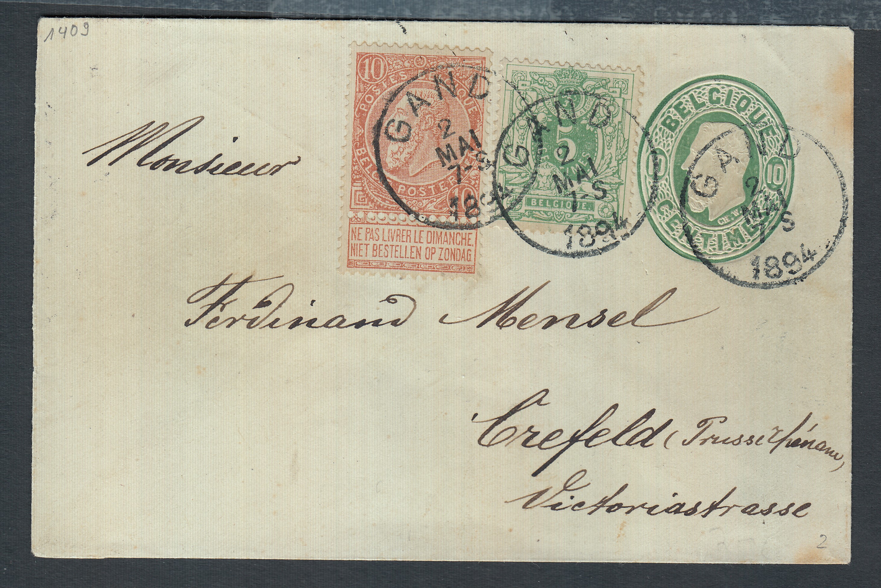 45 +57 sur Ep10c type « Léopold II dans un ovale » de Gand le 2 mai 1894 vers Crefeld. Càd au verso.