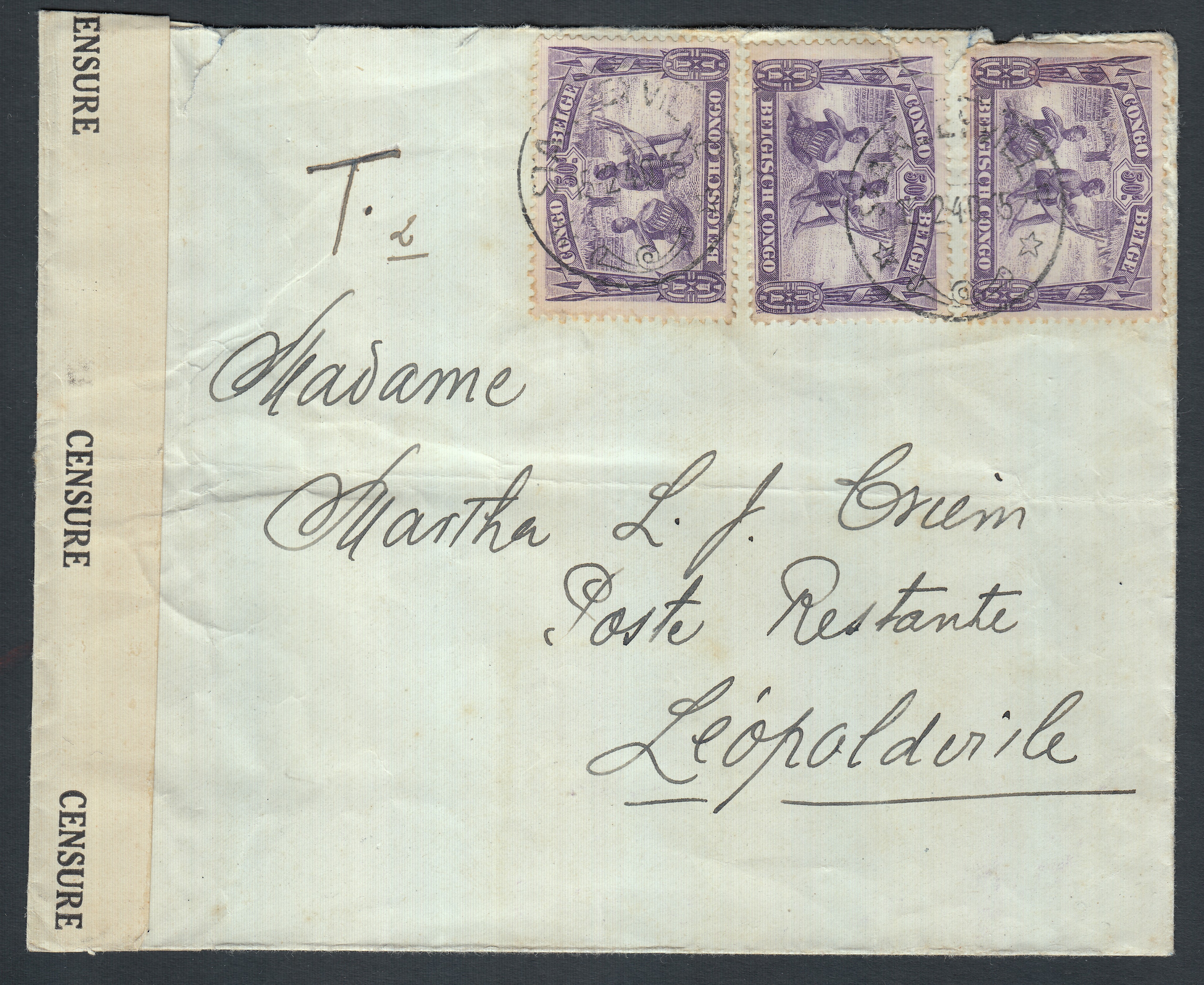 173 x3 sur lettre de Stanleyville le 15.12.1940 vers Poste restante à Léopoldville. Bande et cachet de censure du Congo Belge. Manuscrit « T.2 » au recto. Càd au verso.