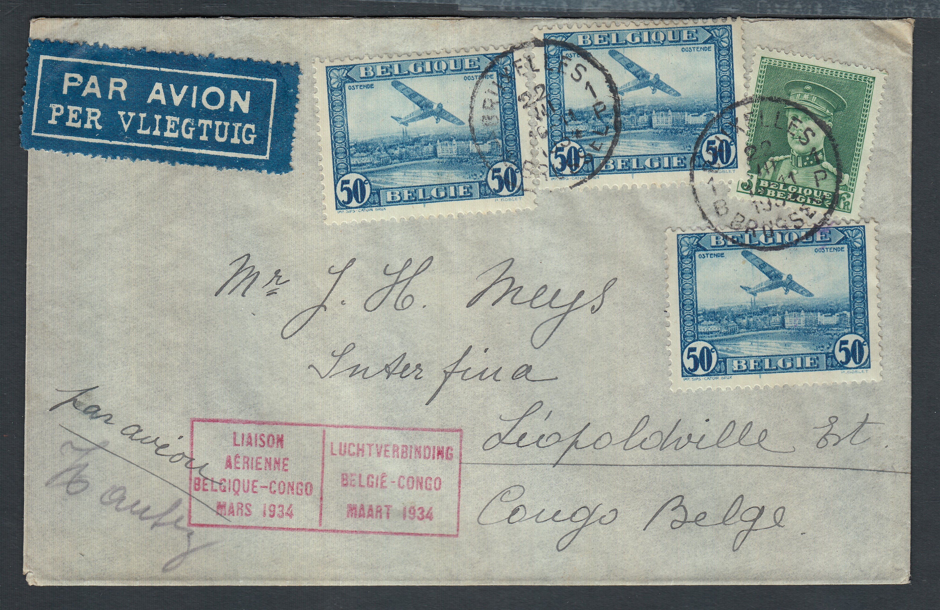 323 +Pa1 x3 sur lettre par avion ( Cachet rect.rouge bilingue « Liaison aérienne Belgique-Congo /mars 1934 ») de BXL le 22.III.1934 vers Léopoldville. Càd au verso.