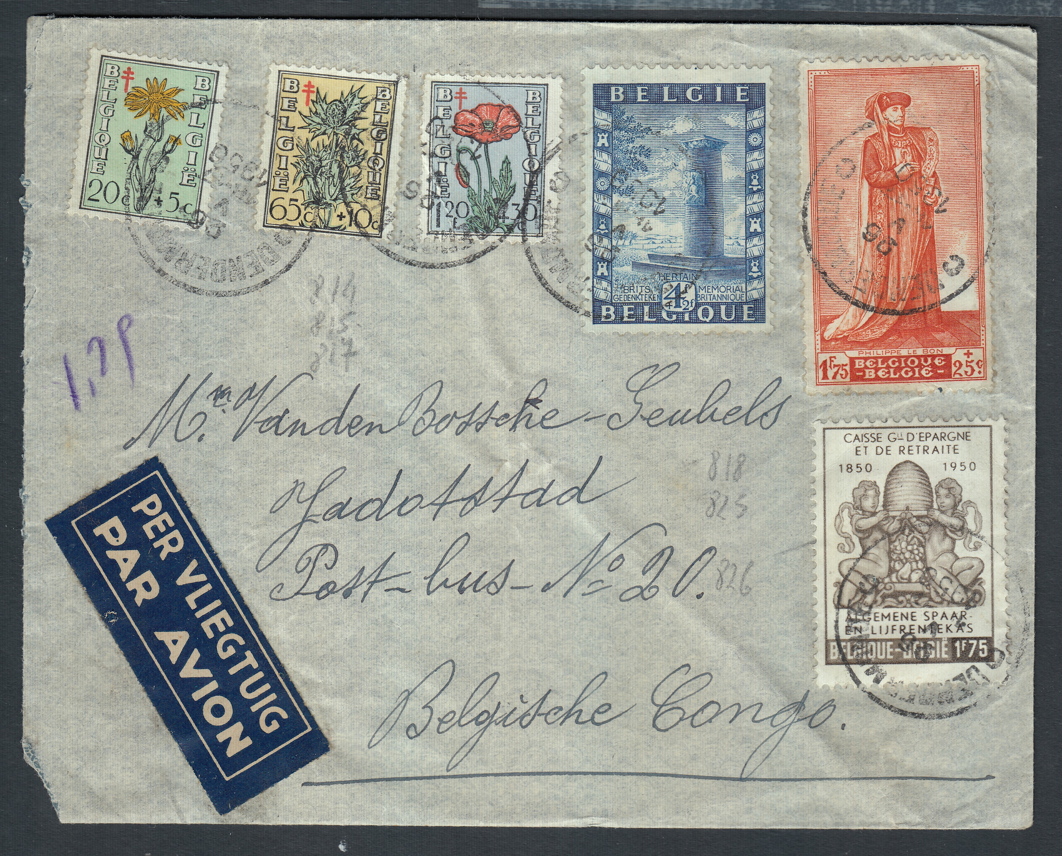 814/15 +817/18 +825/26 sur lettre par avion de Dendermonde le 26.V.1950 vers Jadoville. Càd au verso.