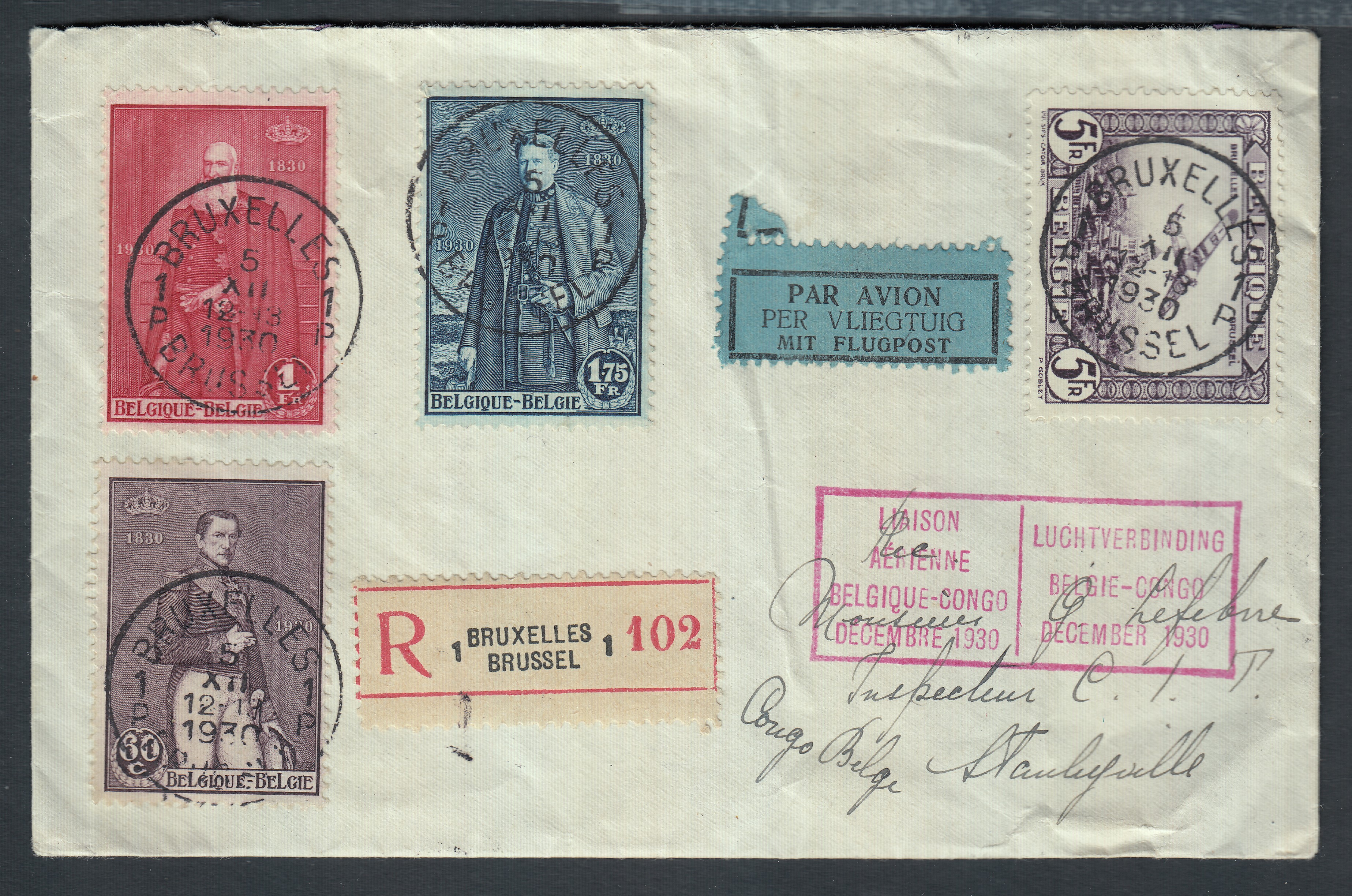302/04 +Pa5 sur lettre en recommandé par avion ( Cachet rect.rouge bilingue « Liaison aérienne Belgique-Congo /décembre 1930 ») de BXL le 5.XII.1930 vers Stanleyville. Càd au verso.