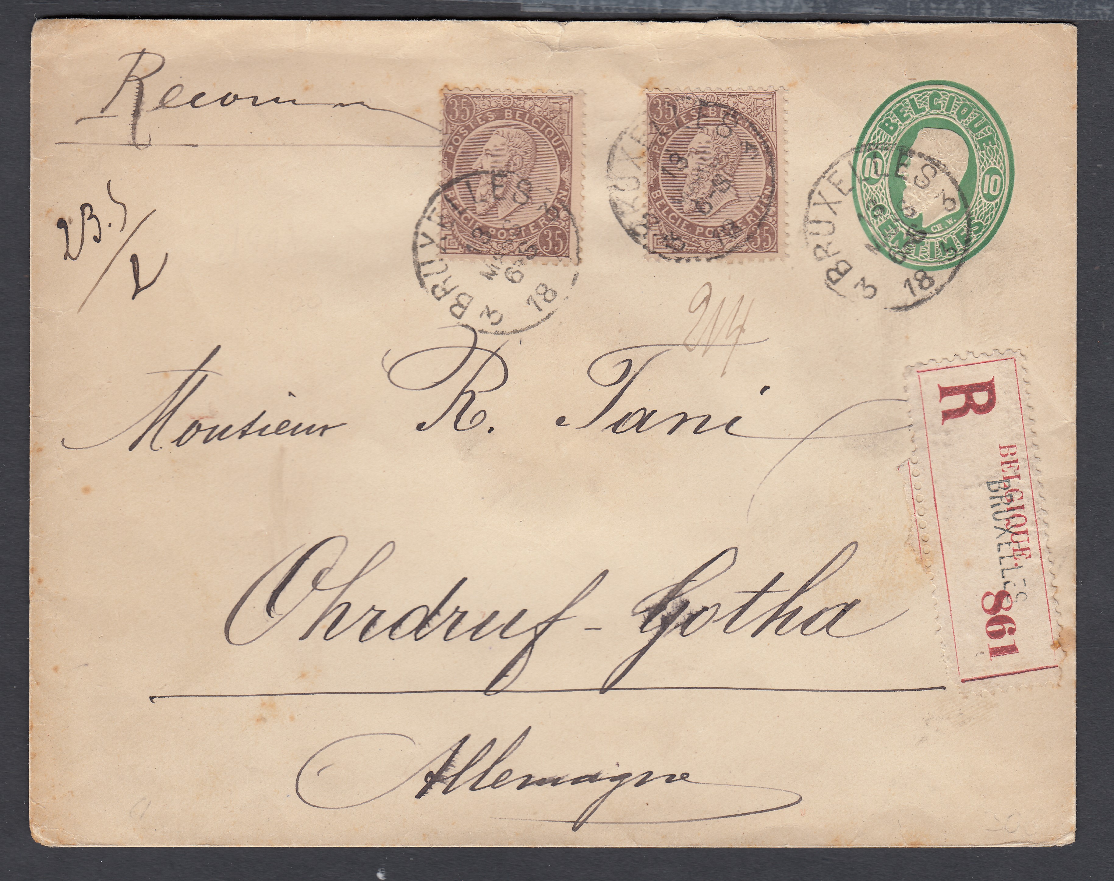 61 x2 sur Ep10c type « Léopold II dans un ovale » en recommandé de BXL ( double port) BXL le 13 mars 1893 vers l'Allemagne. Cachet de cire au verso.