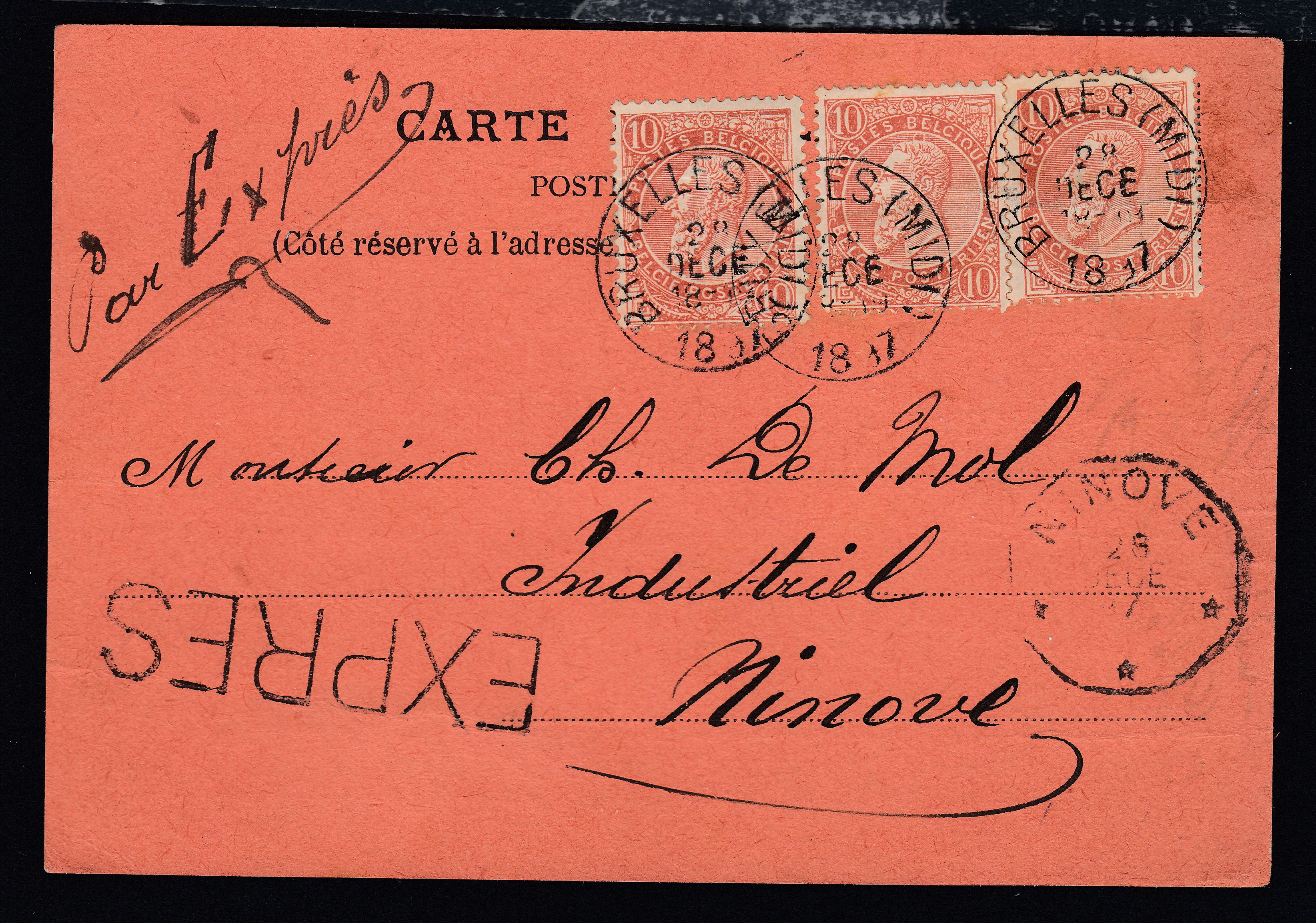 57 x3 sur Cp en exprès de BXL (Midi) le 28 déc.1897 vers Ninove. Càd au recto.