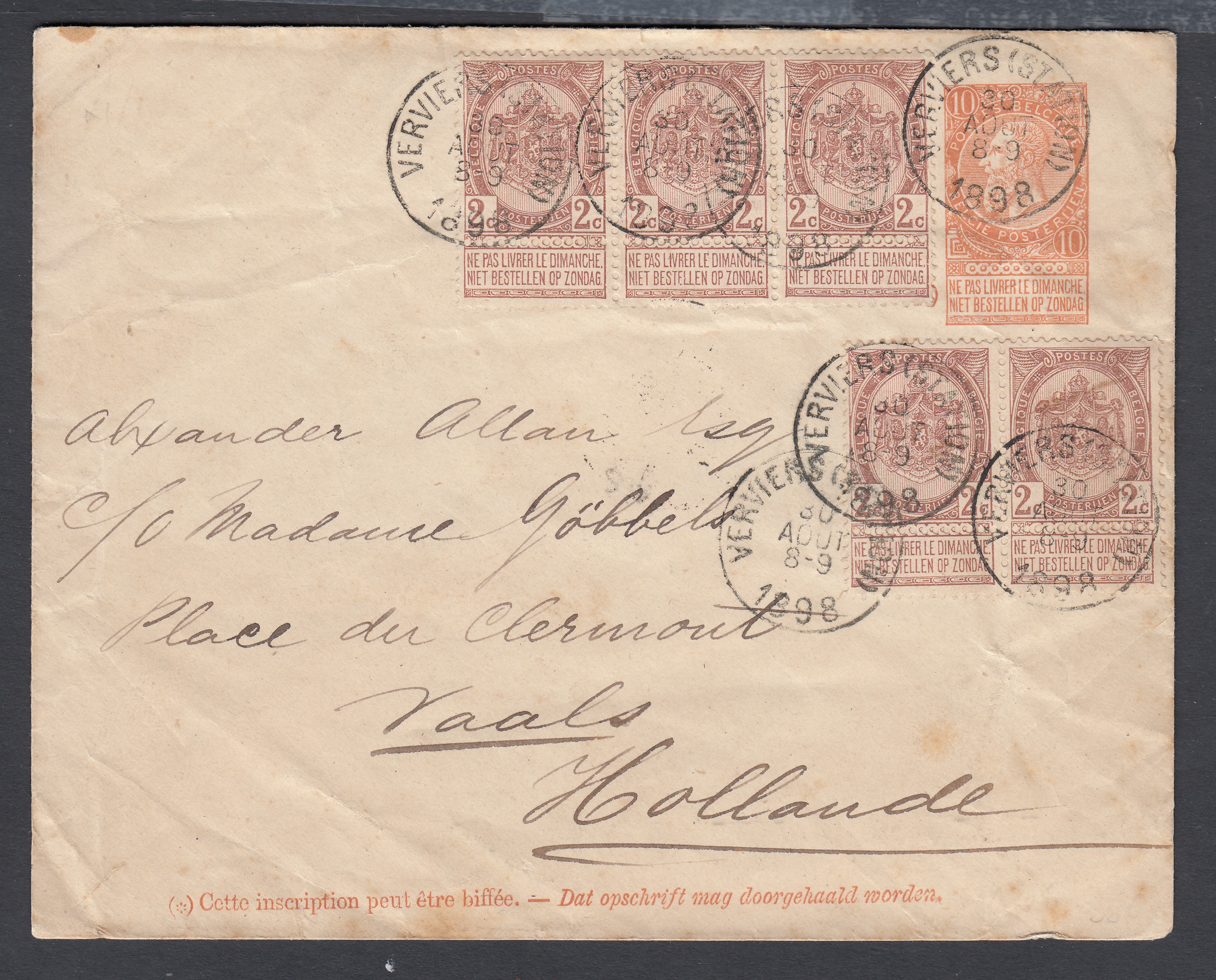55 x5 (une paire +une bande de 3) sur Ep10c type « Fine Barbe -Tp 57 » de Verviers (Station) le 30 août 1898 vers Vaals, Hollande. Càd au verso.