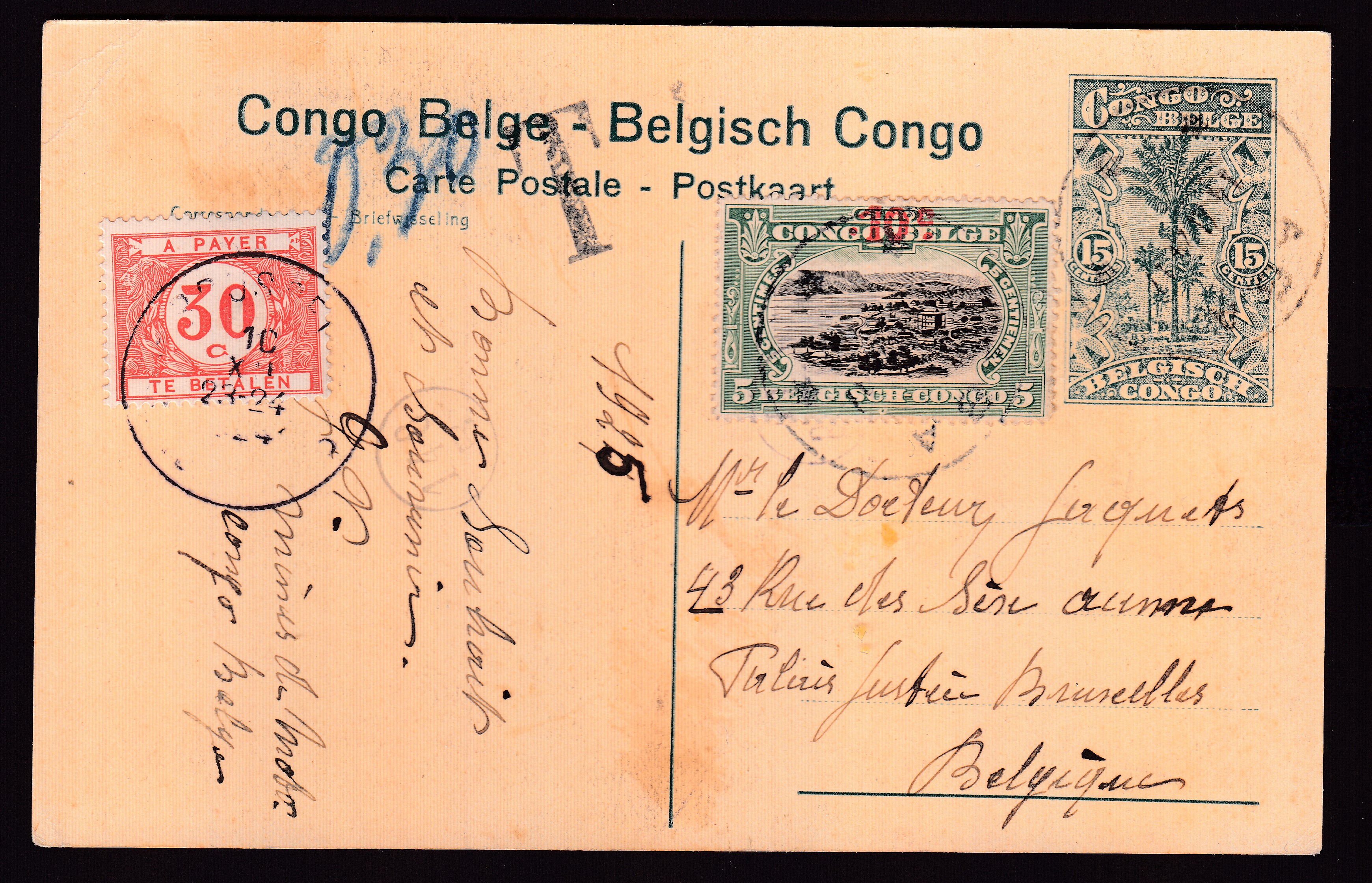 86 sur Ep15c type « Palmiers » illustré «IBEMBO (Bas-Uele) », de Aba vers BXL. Taxée 30c à l'arrivée le 10.XII.24 par Tx35.