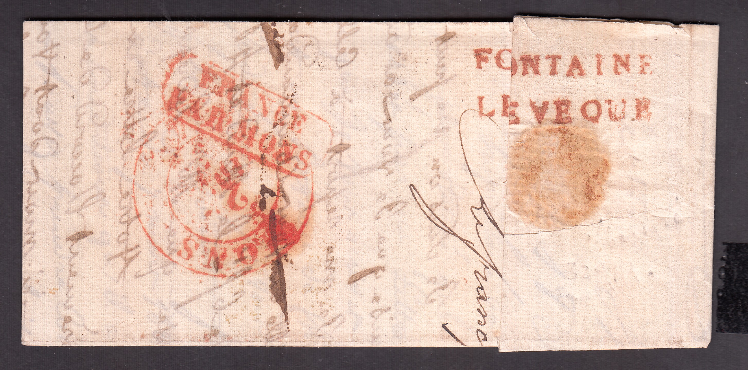 LAC de Lille vers Hornu acheminée par erreur vers Fontaine l'Evêque. Bureau de Mons a appliqué « France par Mons ». Fontaine a renvoyé vers Mons avec sur cachet de départ Fontaine l'Evêque comme déboursé.