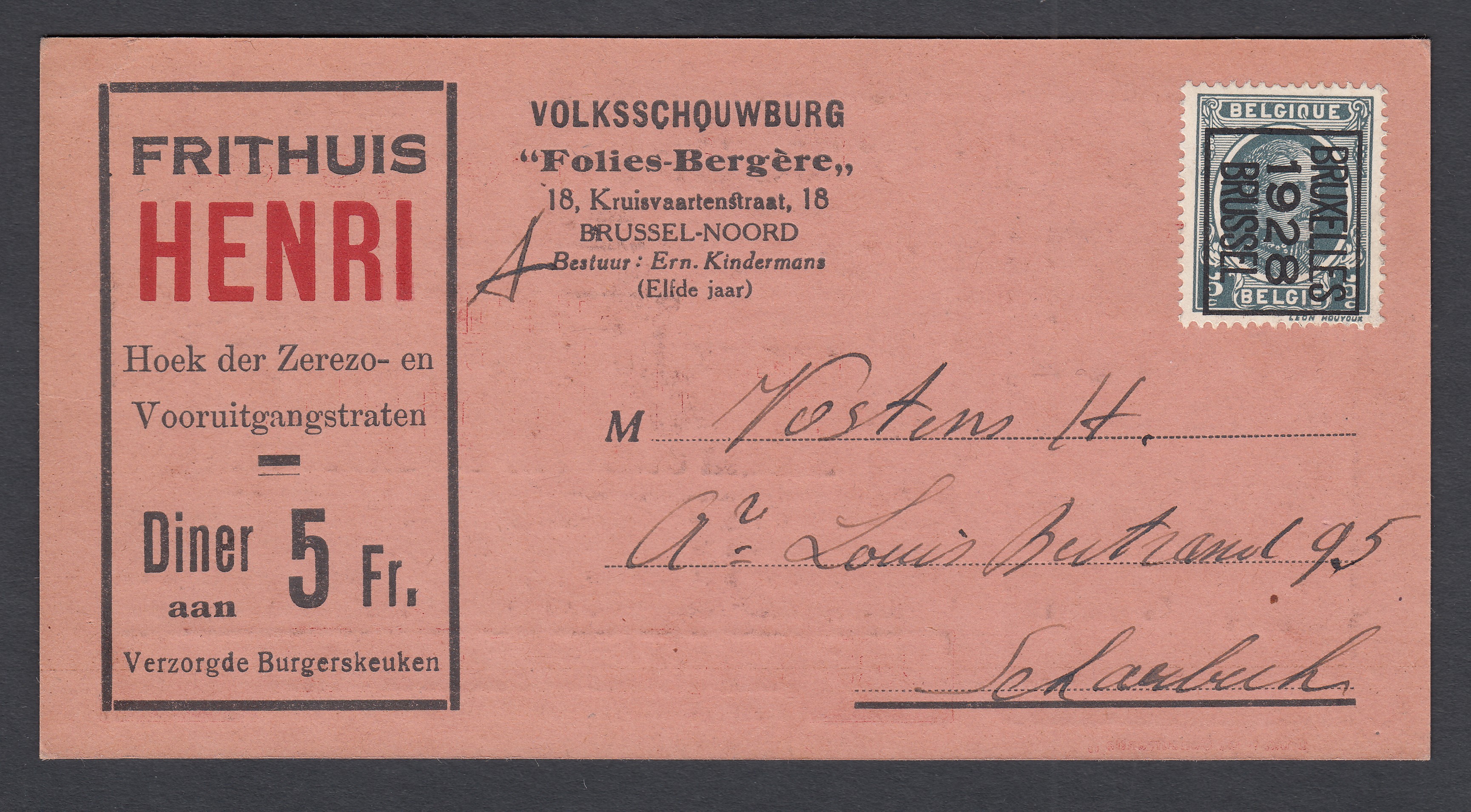 193 préoblitéré « BXL /1928 /BRUSSEL » sur carte publicitaire vers Schaerbeek.