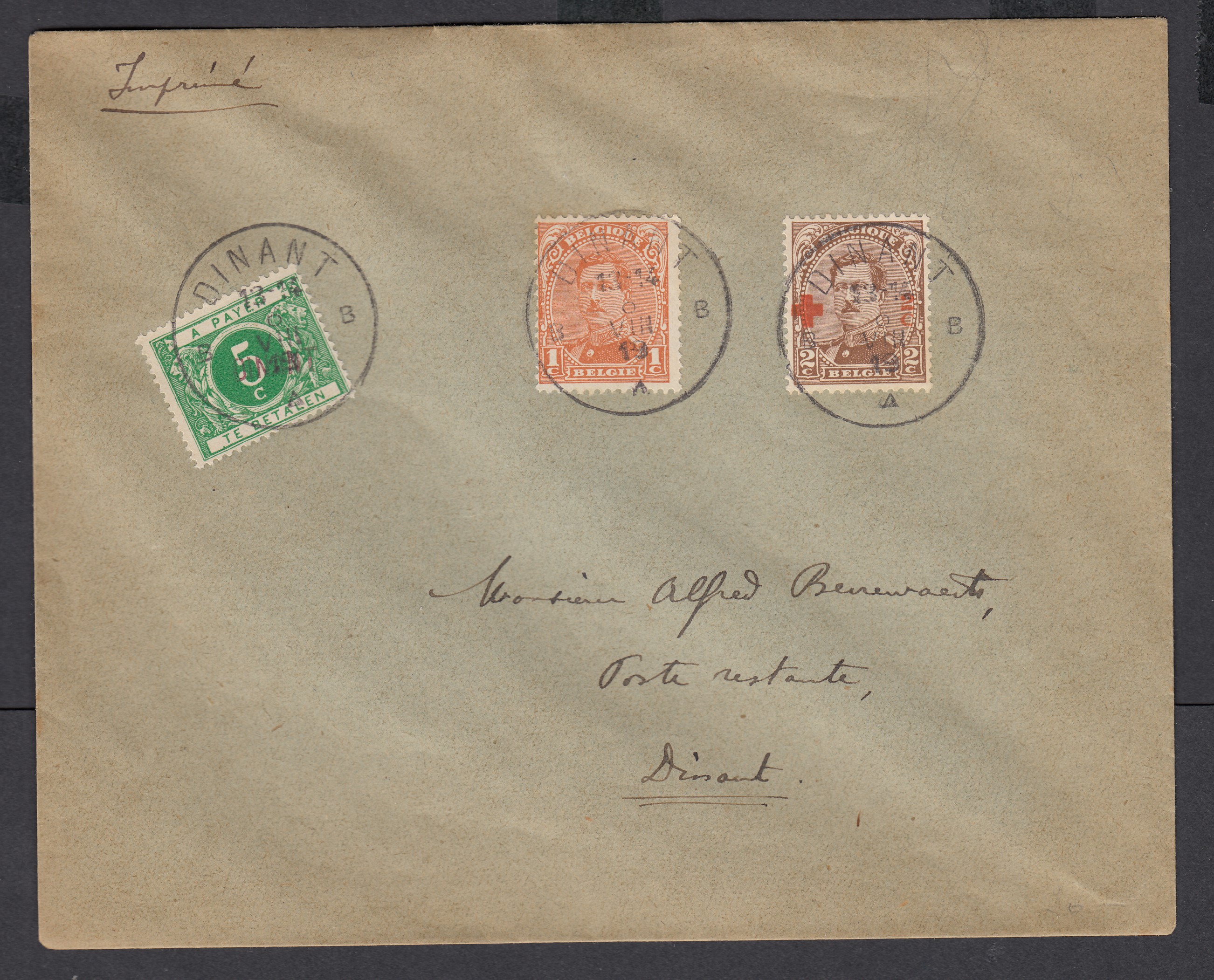 135 +151 sur lettre en imprimé de Dinant le 6.VIII.1919 vers la ville. Taxée 5c à l'arrivée par Tx12A.
