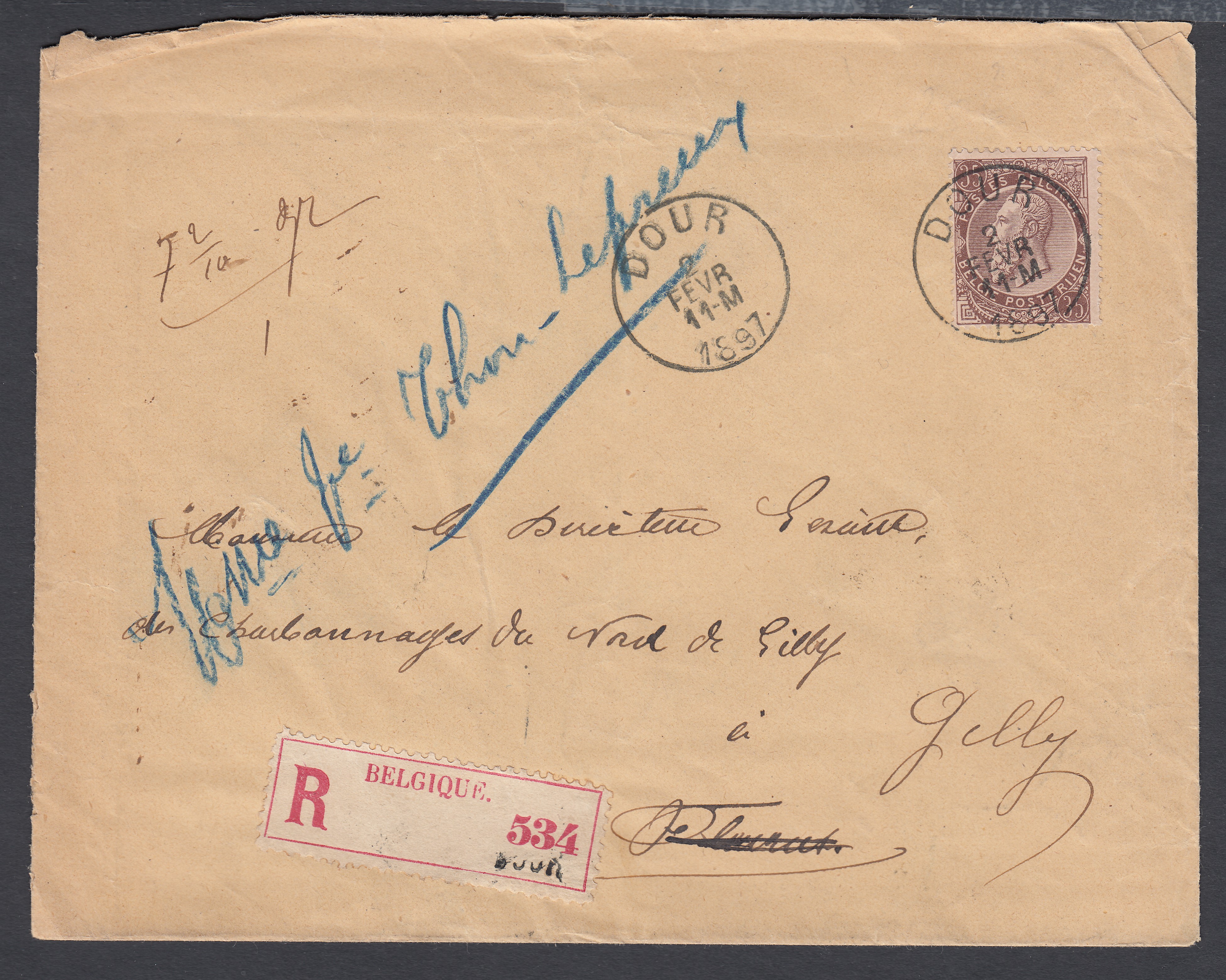 61 sur lettre en recommandé de Dour le 2 fevr.1897 vers Charleroi. Recherches, cachets : Mons, Gilly, Fleurus et Charleroi au verso.